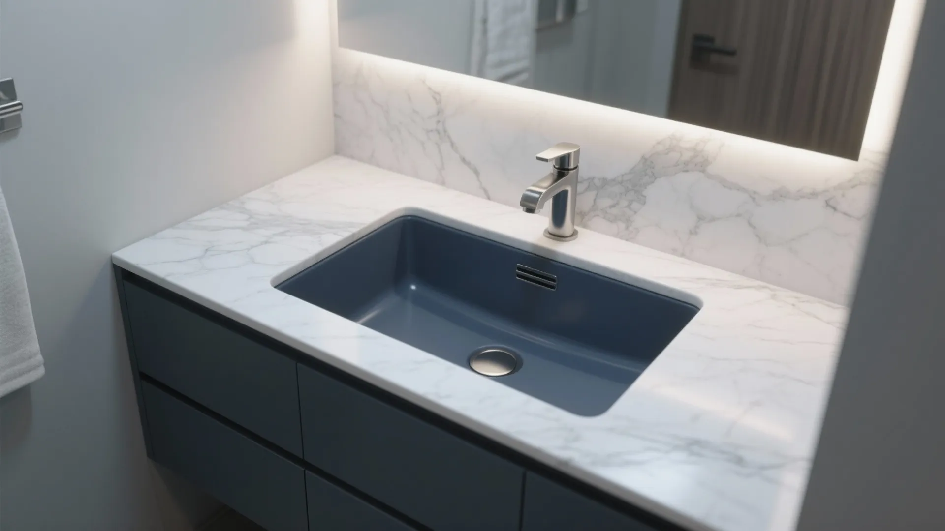 2. Matte Navy Undermount with Marble Countertop