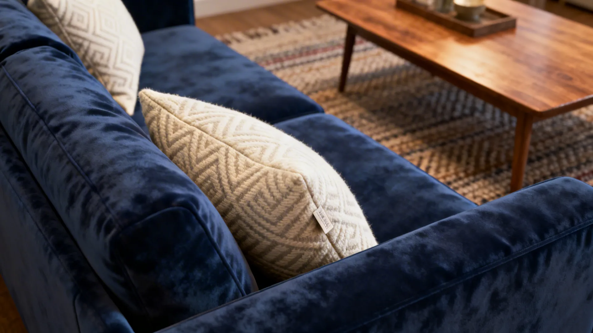 Navy sofa paired with cream patterned cushions showcasing fabric texture and practical washable covers.
