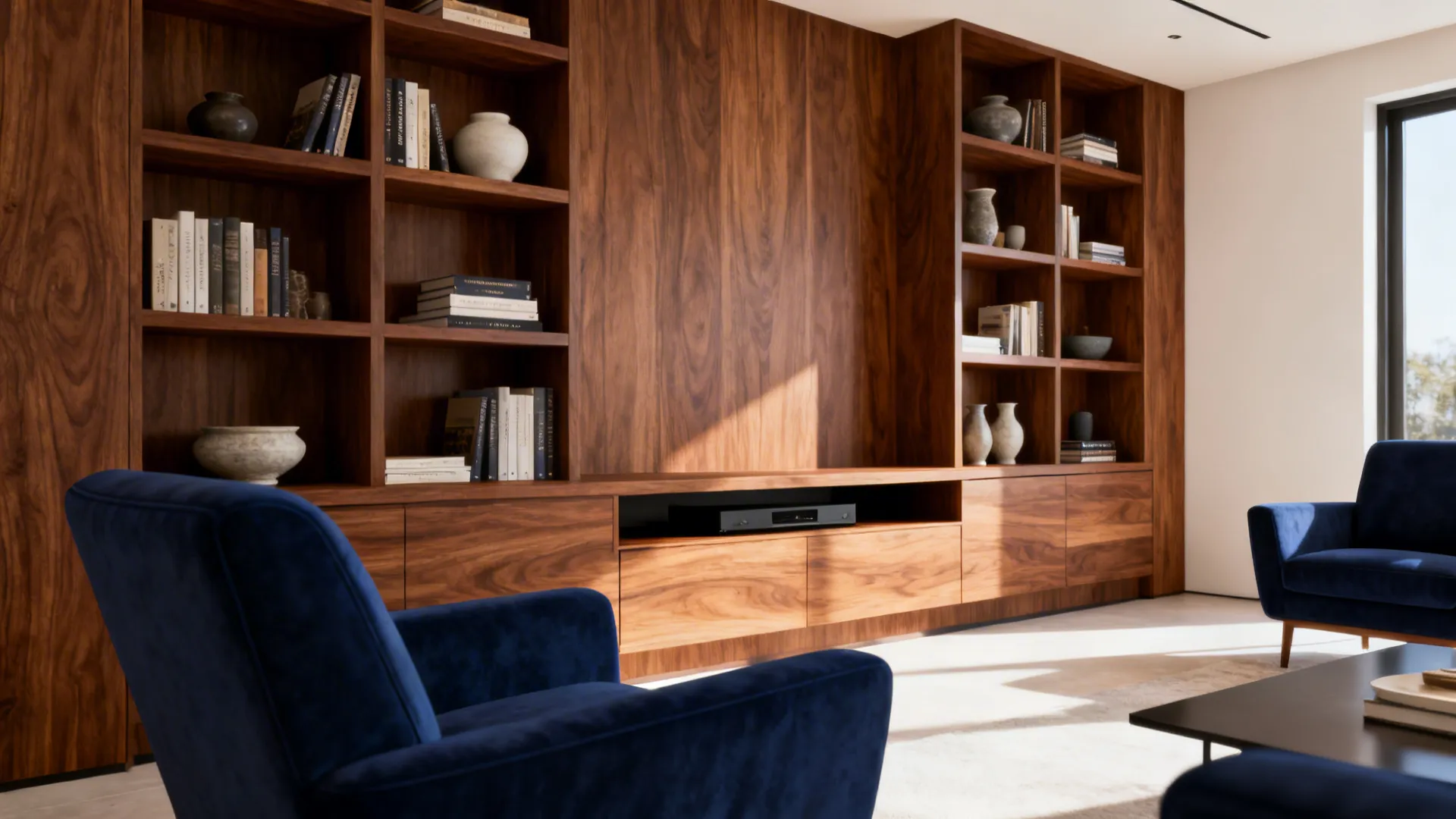 Navy armchairs paired with walnut built-in shelving and media console