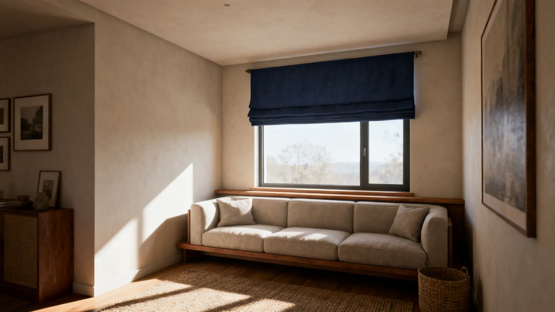 Navy blue curtain above modern beige sofa in minimalist living room with natural light and rug