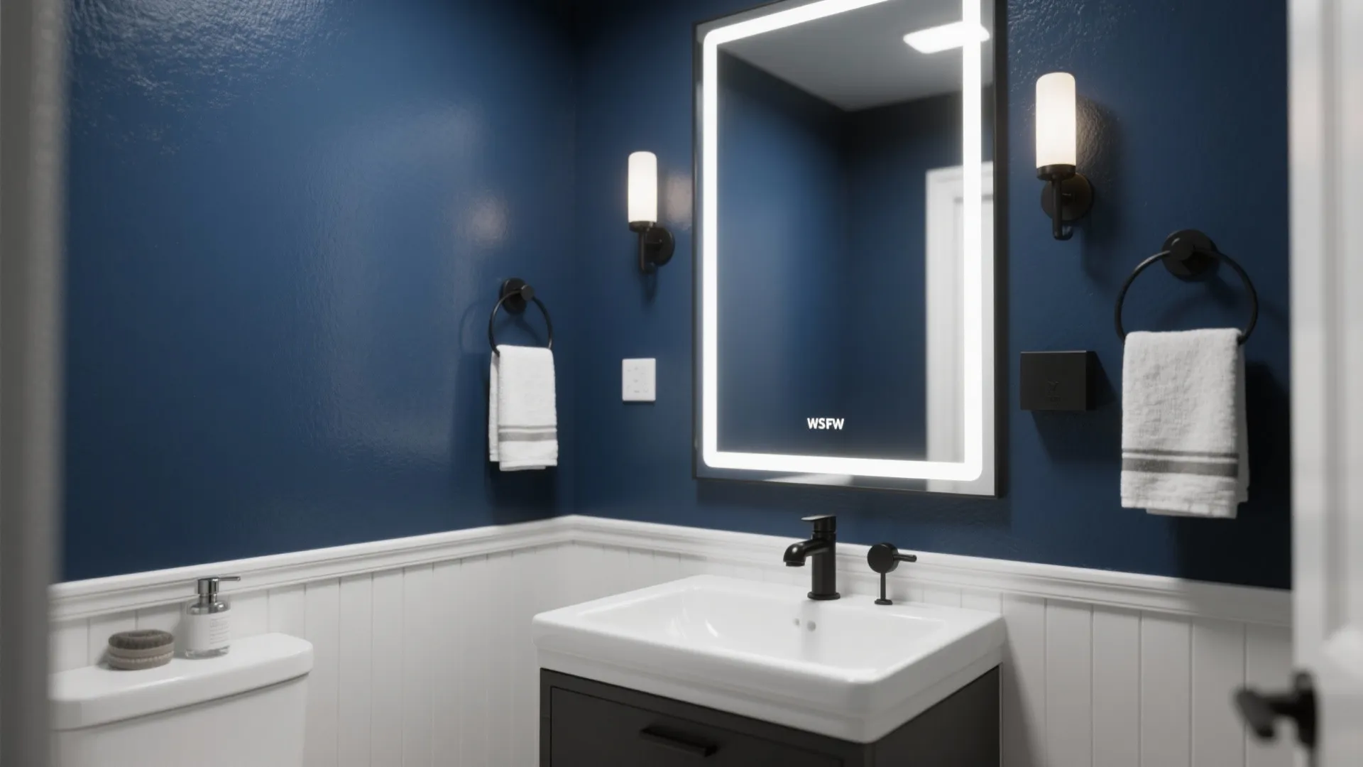 1. Navy Accent Wall Behind the Vanity
