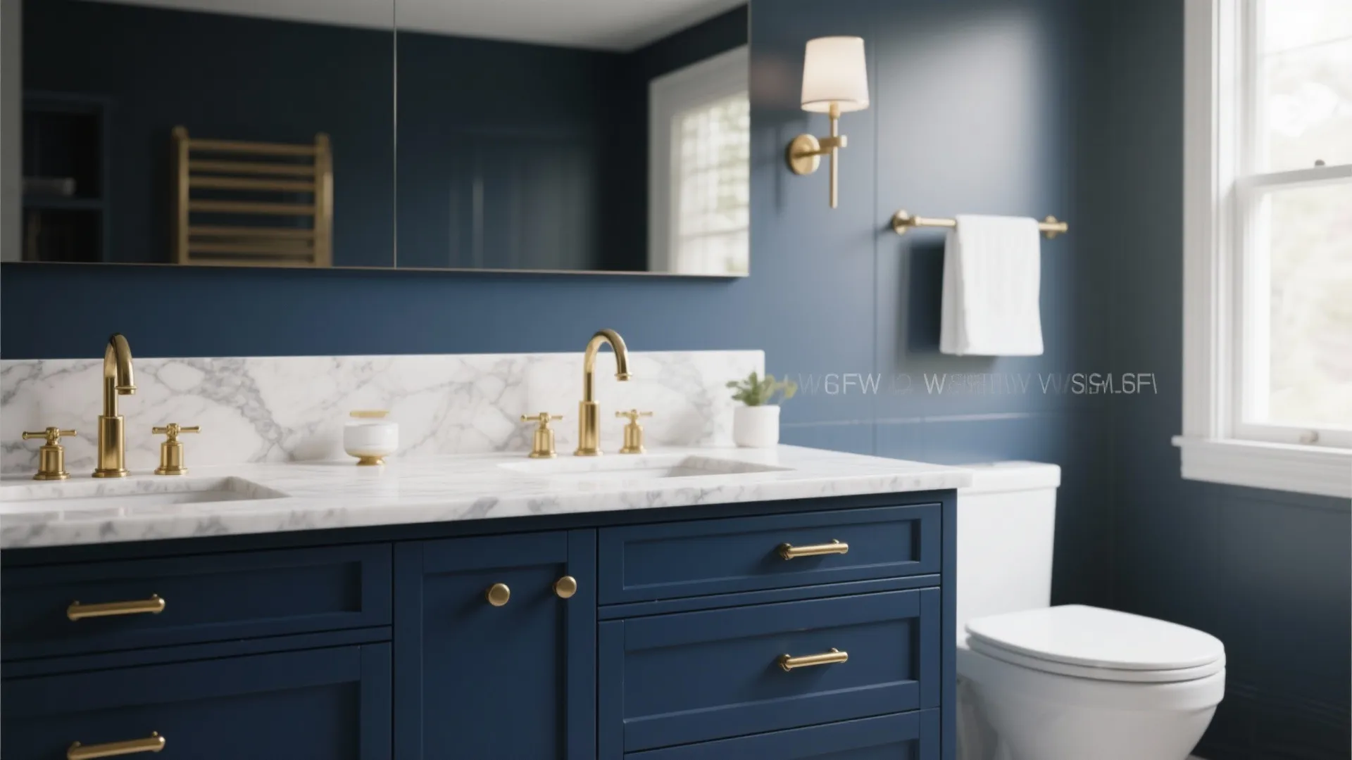 Navy blue bathroom cabinet with marble top gold water taps white toilet and wall light fixture