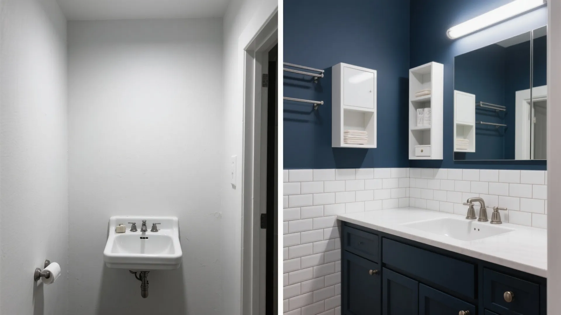Midnight Navy Vanity with Glossy White Tile