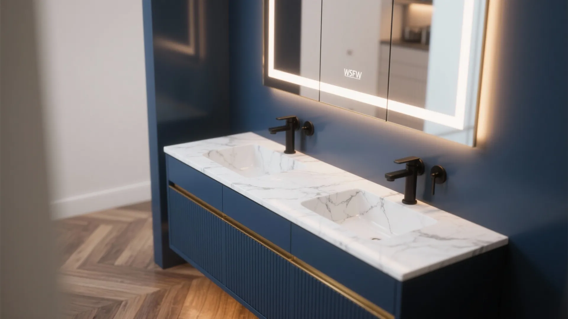 Blue bathroom cabinet with marble countertop double sinks black faucets and large lighted wall mirror design