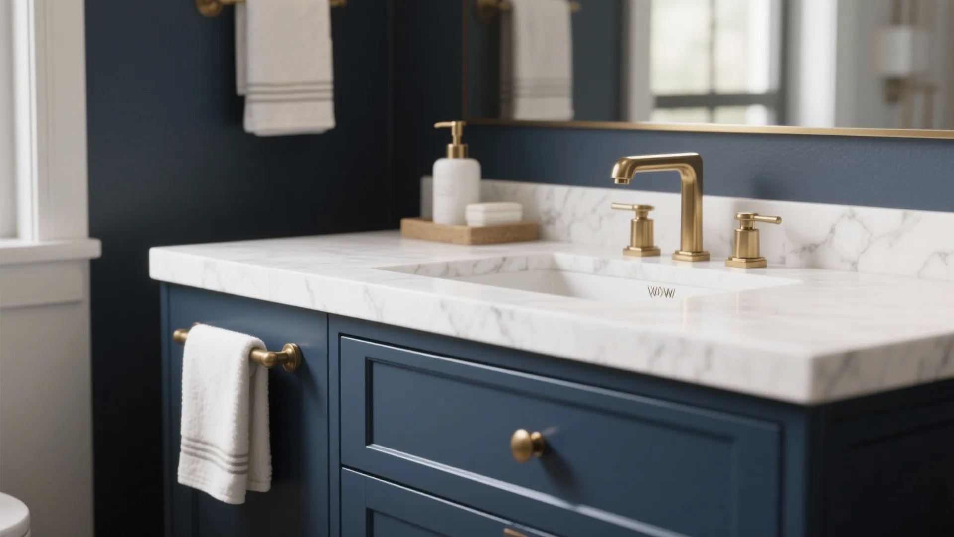 Navy blue bathroom cabinet with white marble countertop gold faucet and white towel on rail