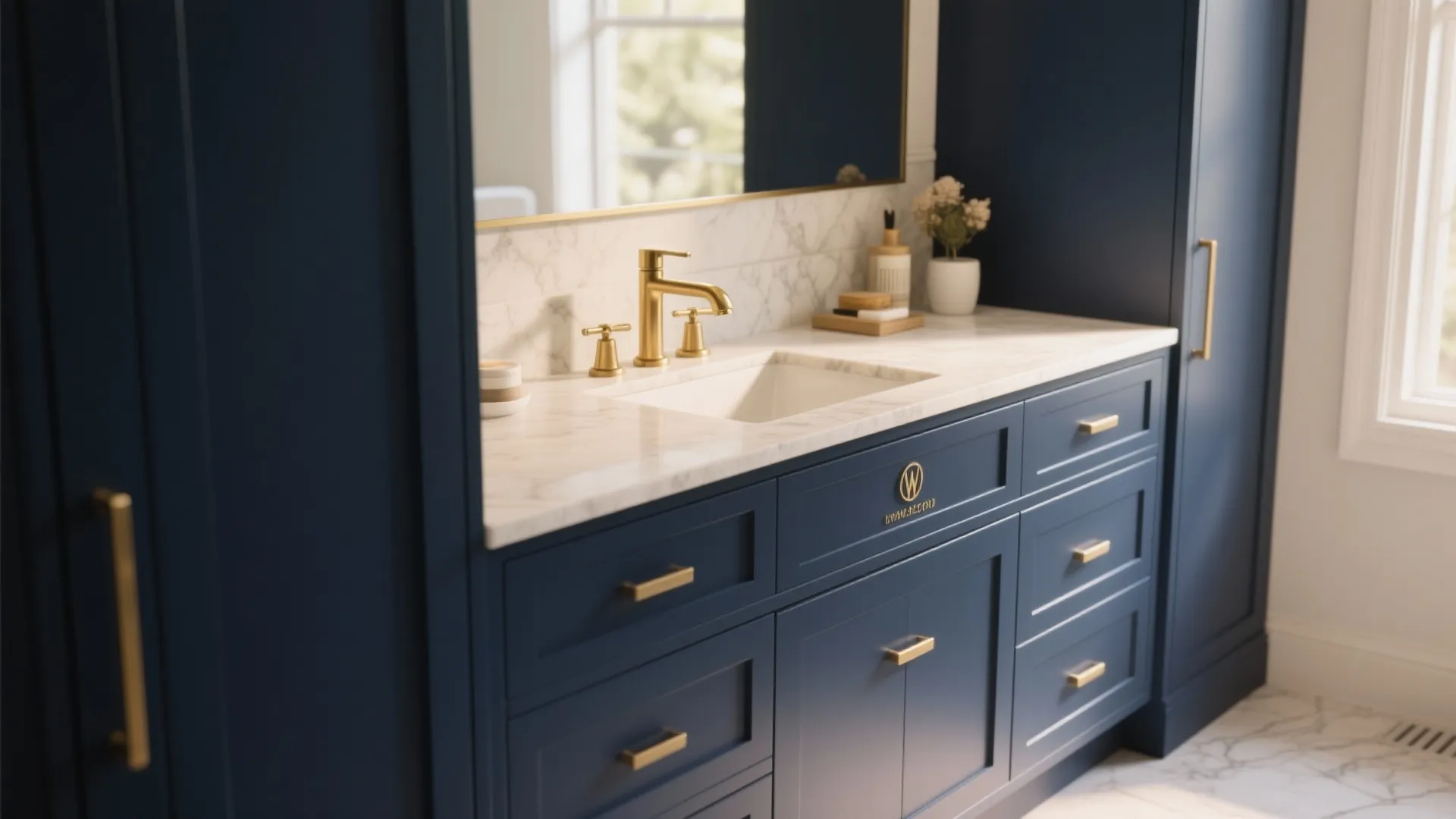 3. Navy Vanity, Cream Countertop