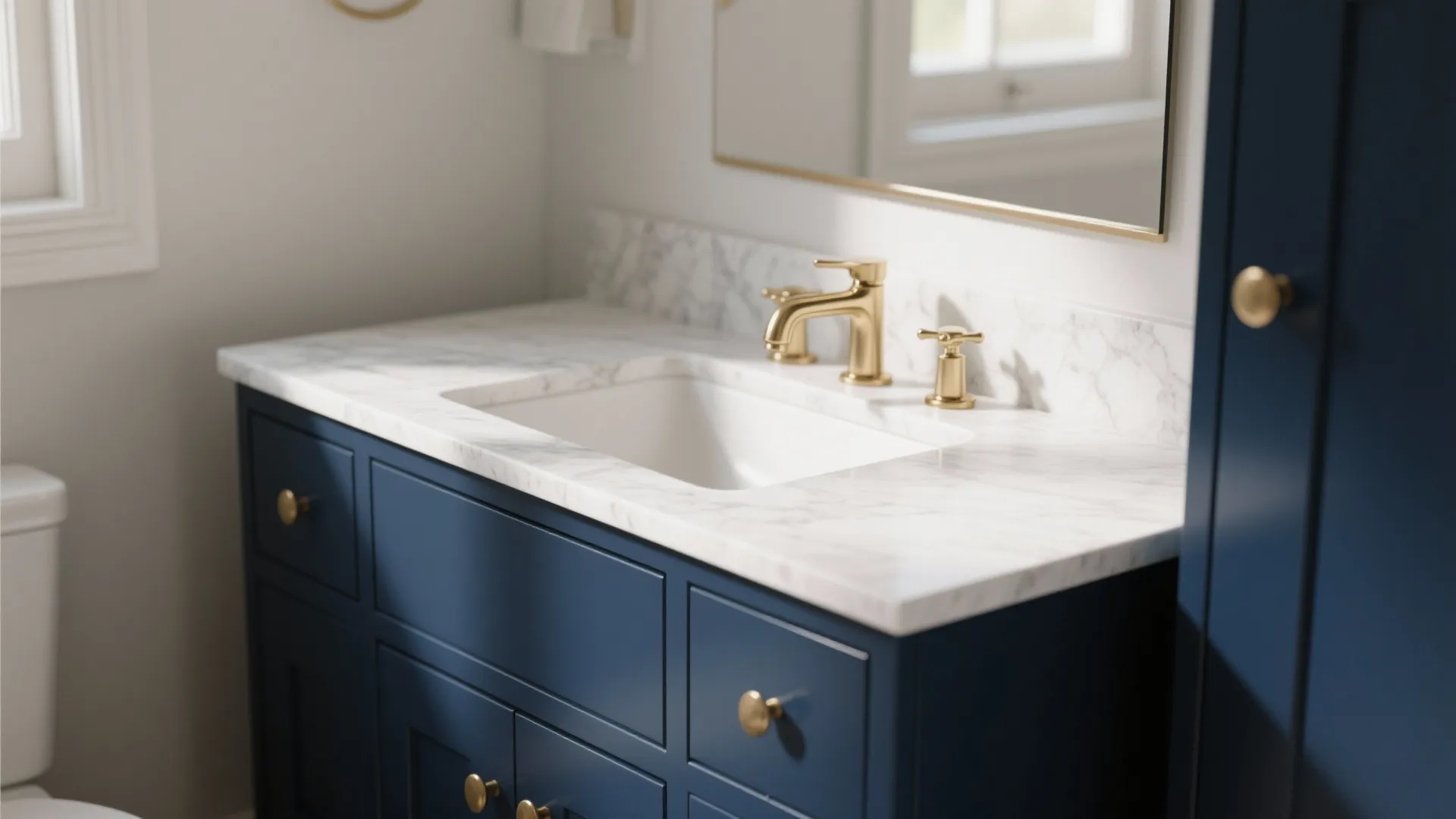 Navy Vanity + Light Walls
