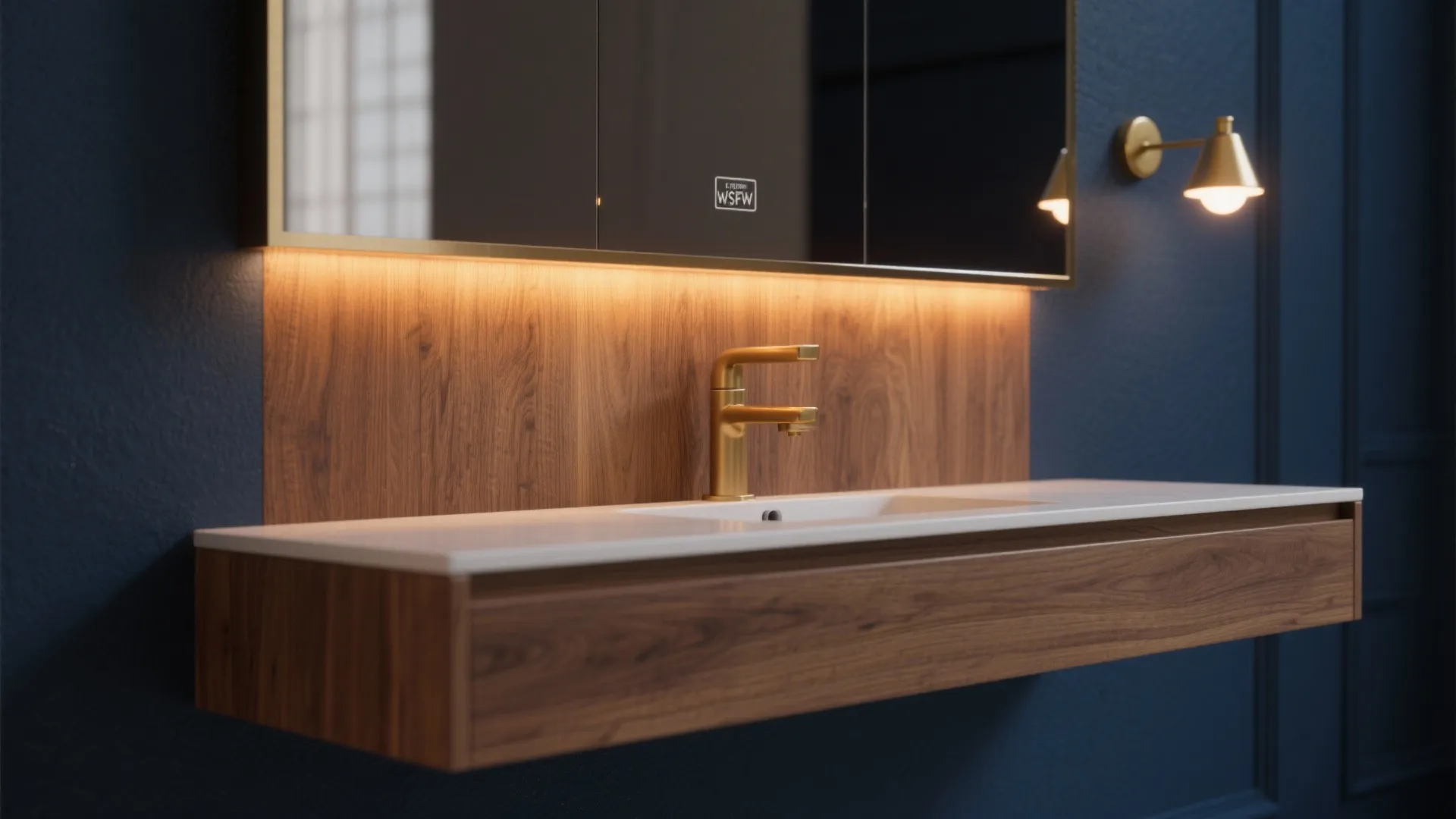 1. Navy walls + warm wood vanity