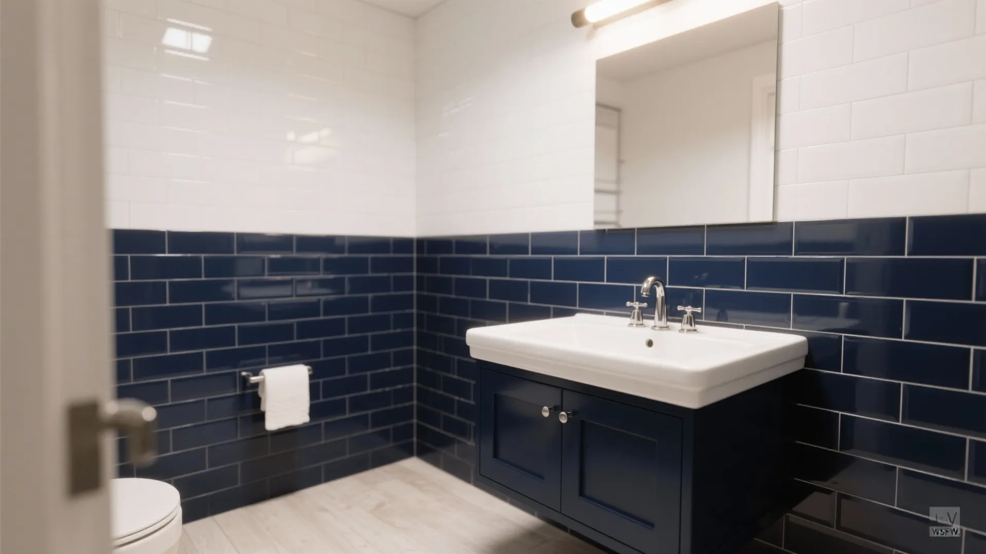 Midnight Navy Vanity with Glossy White Tile