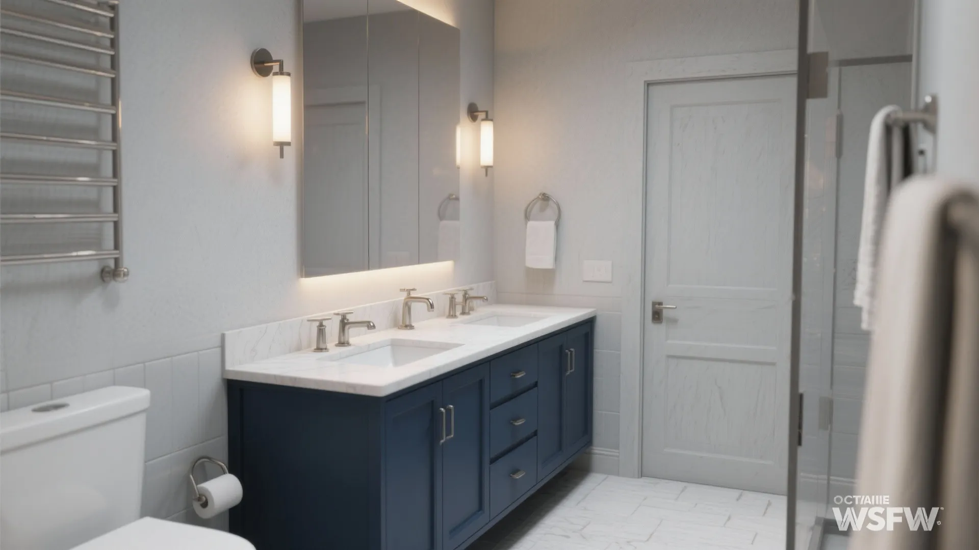 Navy blue bathroom cabinet with white marble top mirror wall light and light gray walls