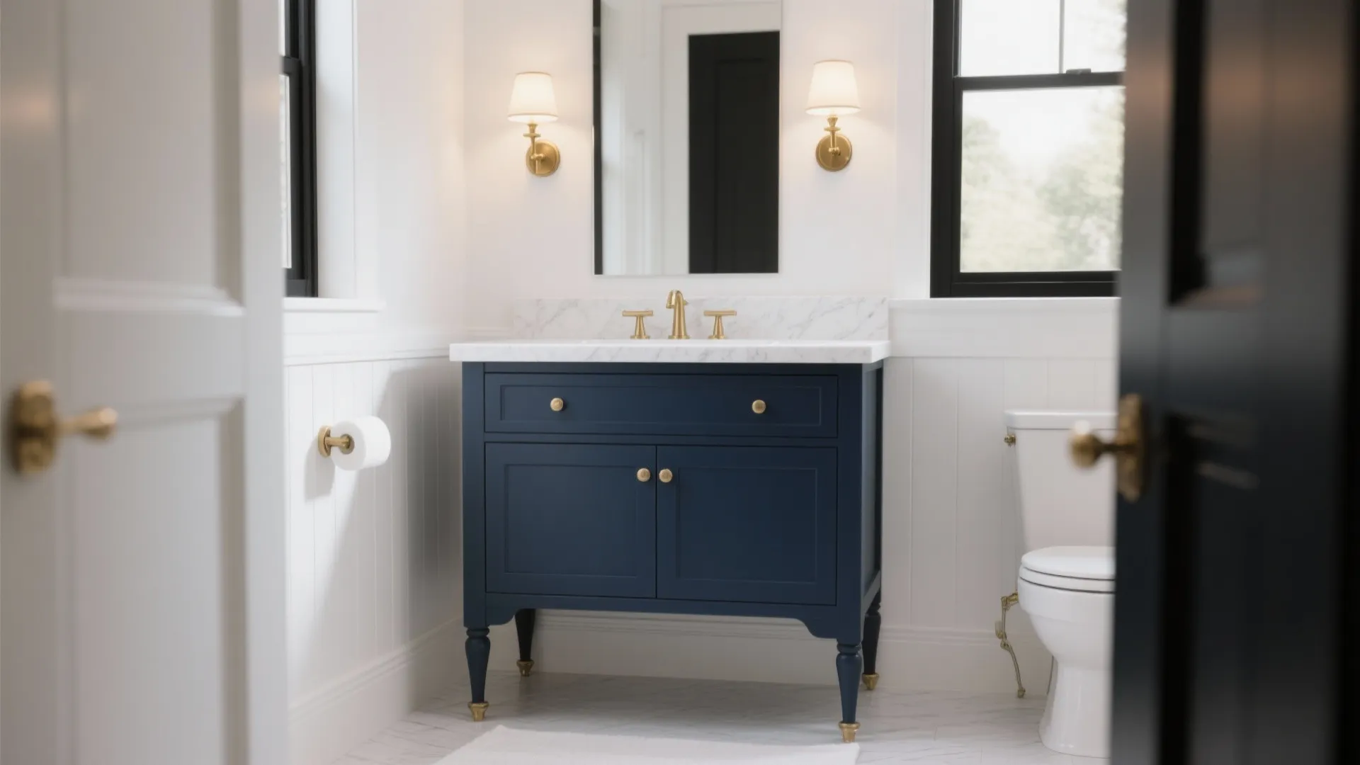 Idea 4: Let a navy vanity anchor the room