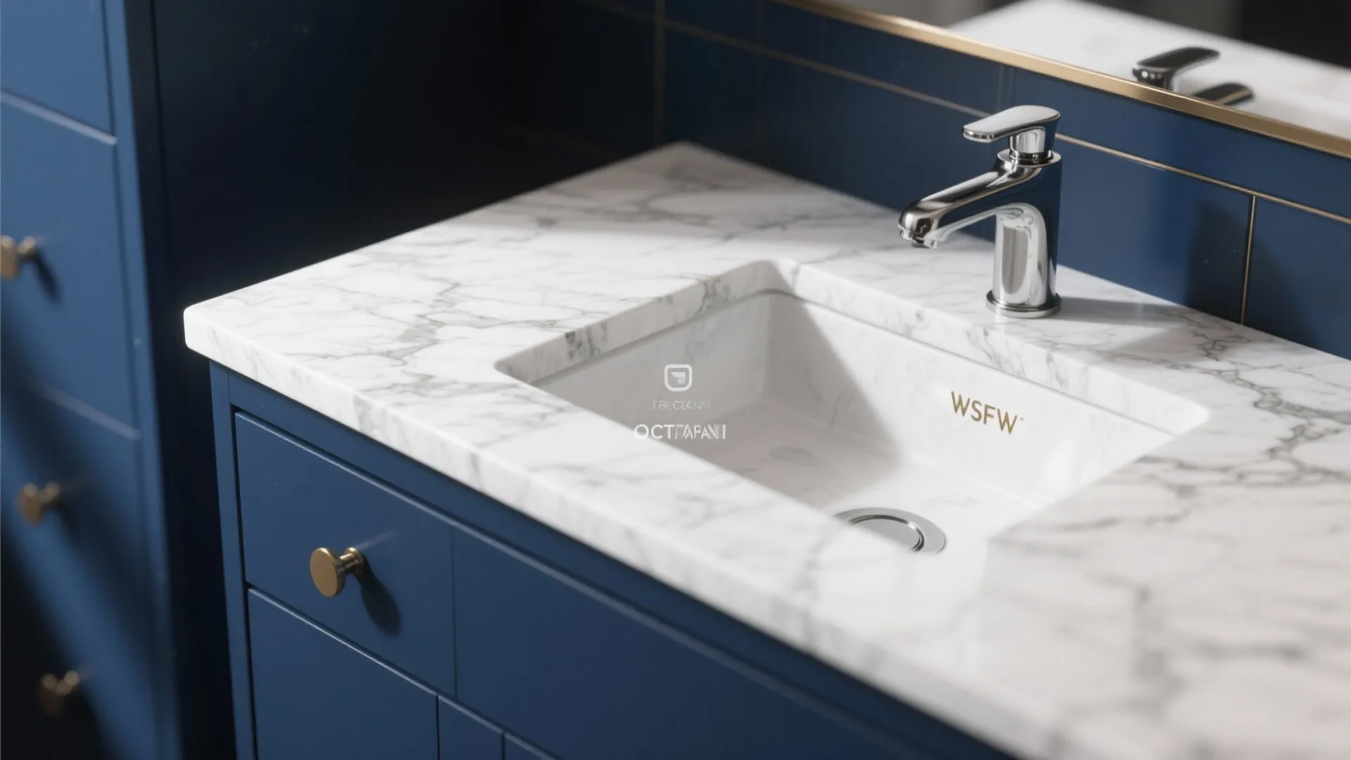 Close up of marble countertop with white sink and silver faucet on blue bathroom cabinet