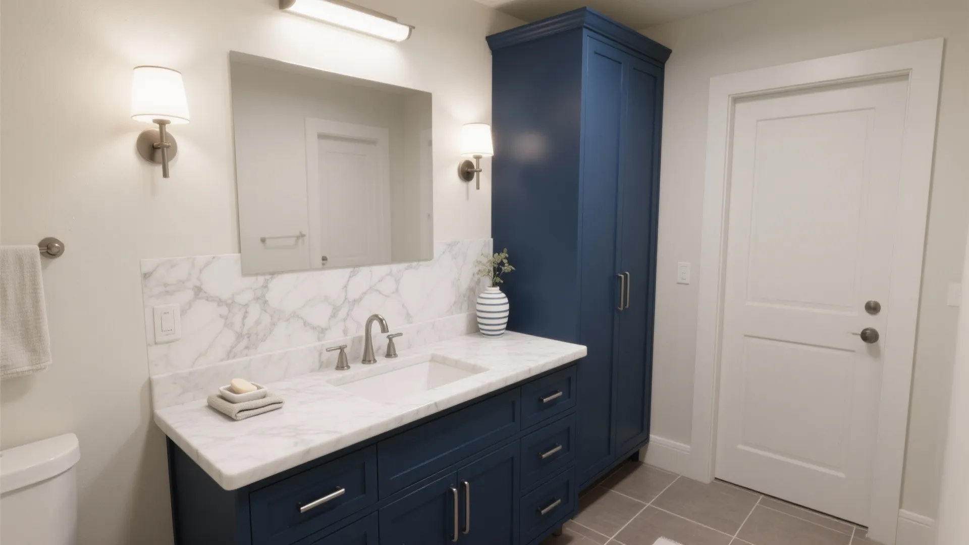 2) Navy Vanity with Marble-Effect Porcelain