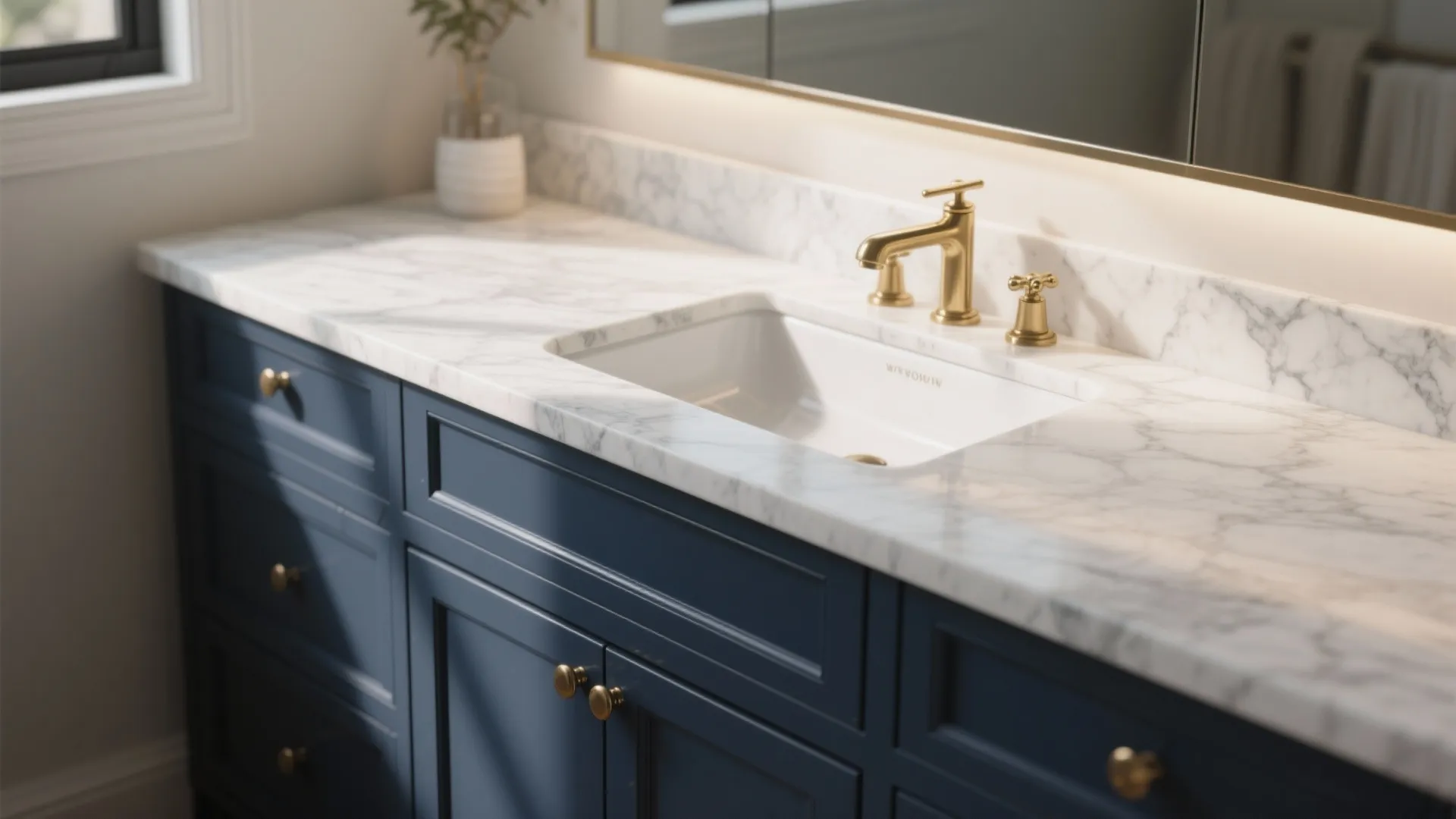 3. Navy Vanity with Marble Countertop