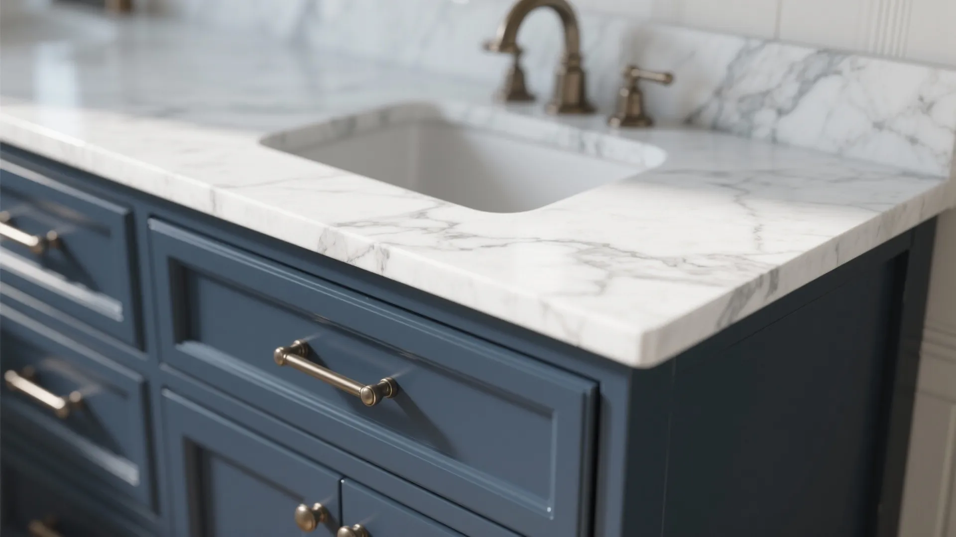 Navy Vanity with Marble-Look Surfaces