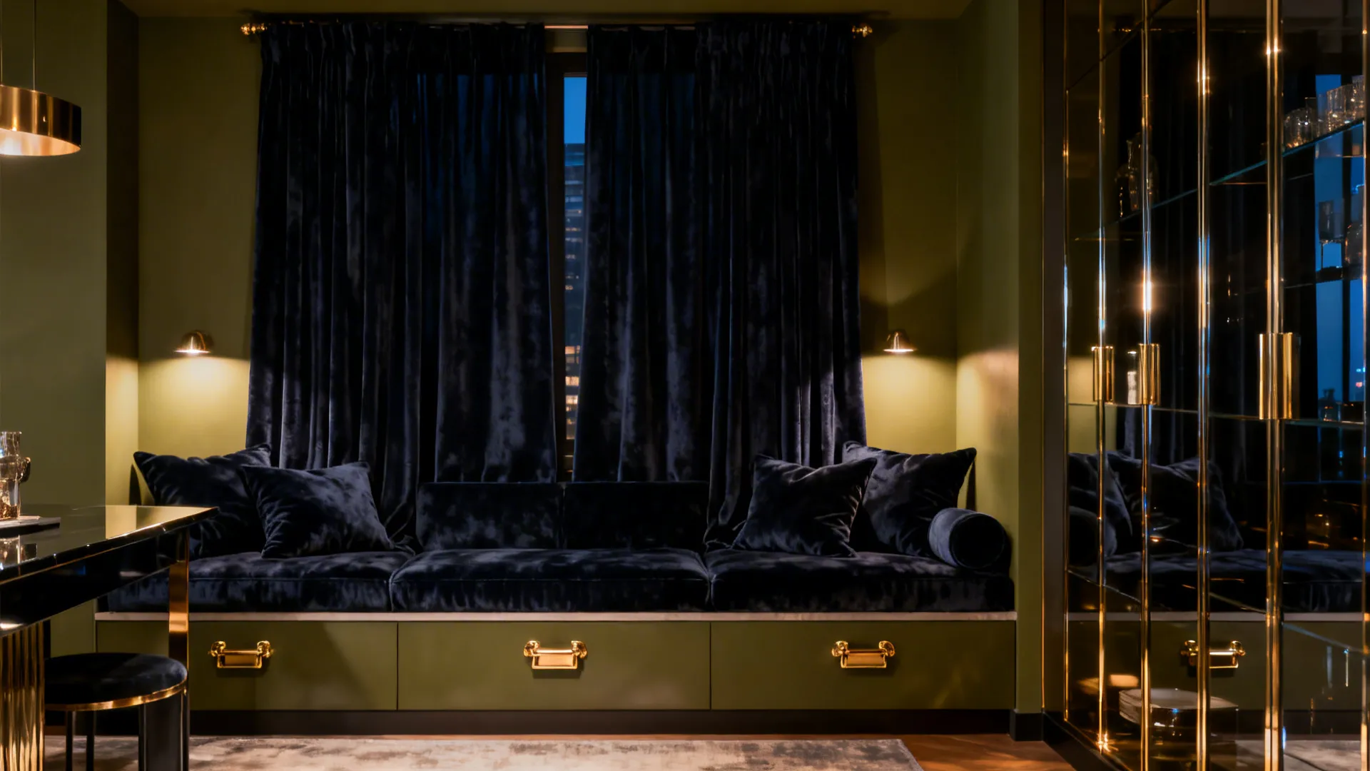 Navy blue velvet window seat with pillows beside dark green walls and gold wall lights