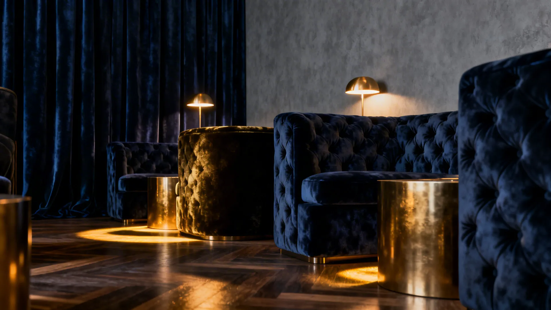 Navy velvet curtains on grey walls creating a cozy luxurious lounge atmosphere