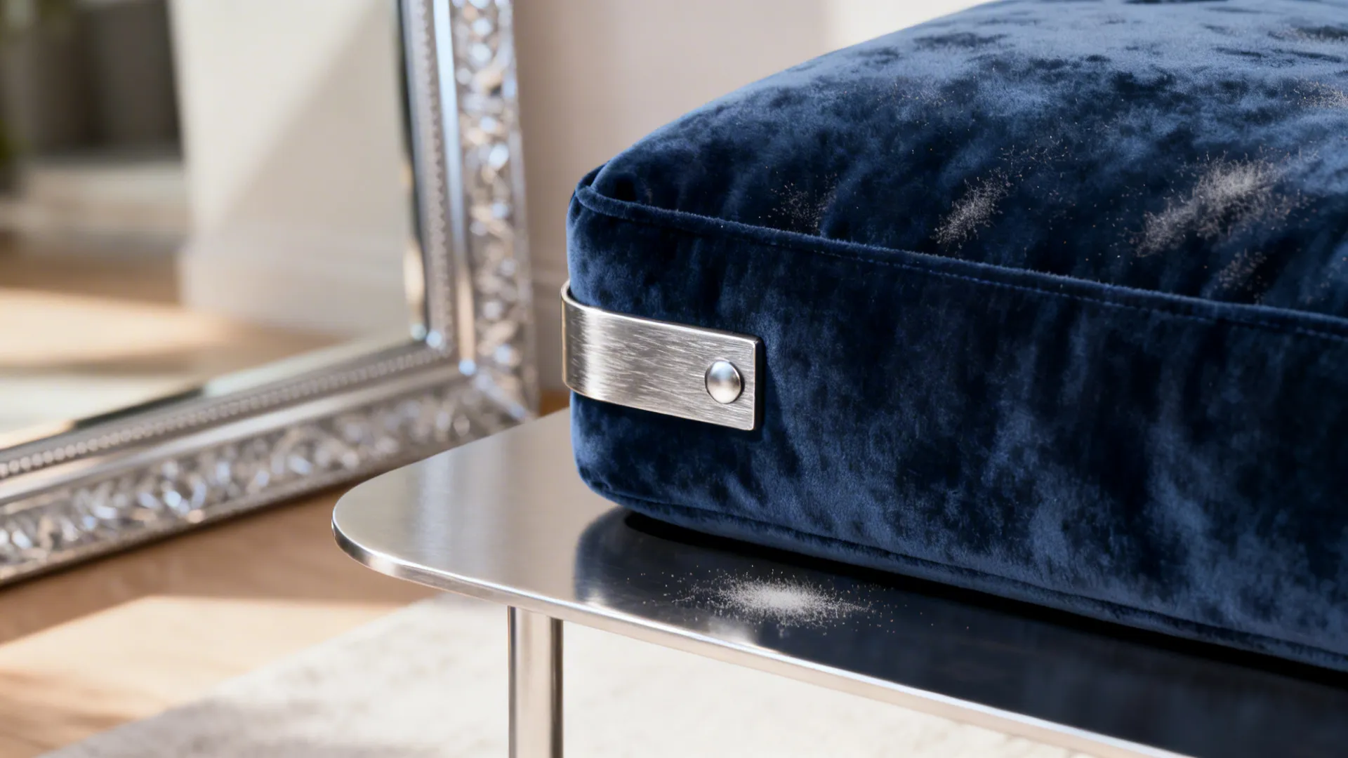 Macro of navy velvet cushion and brushed silver coffee table hardware, showing texture and finish.