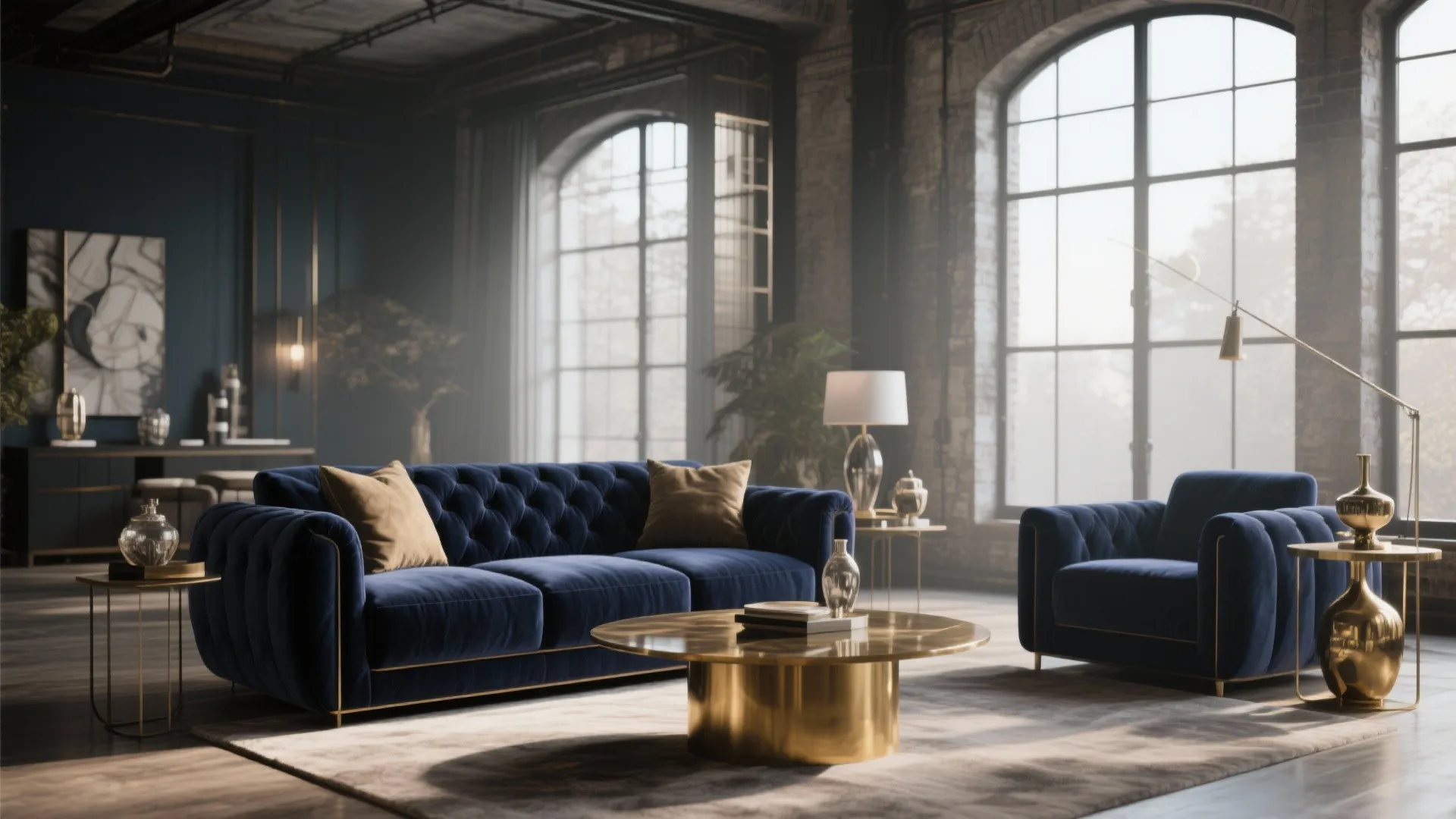 Navy velvet sofa in a modern loft with brass decor