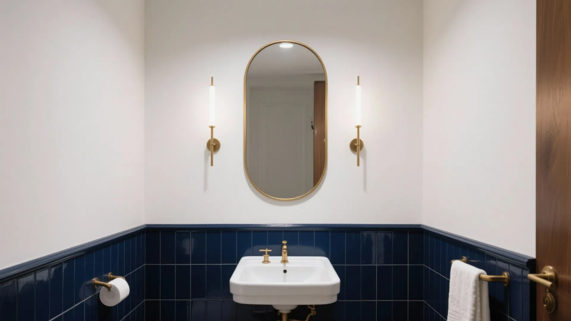 Modern bathroom featuring blue wall tiles white sink gold oval mirror and gold wall lights