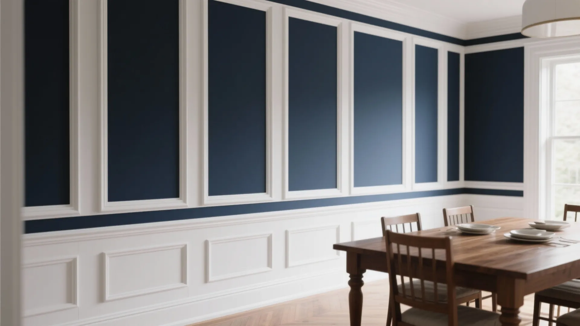 Dining room featuring navy blue wall panel design white trim wooden table and natural light