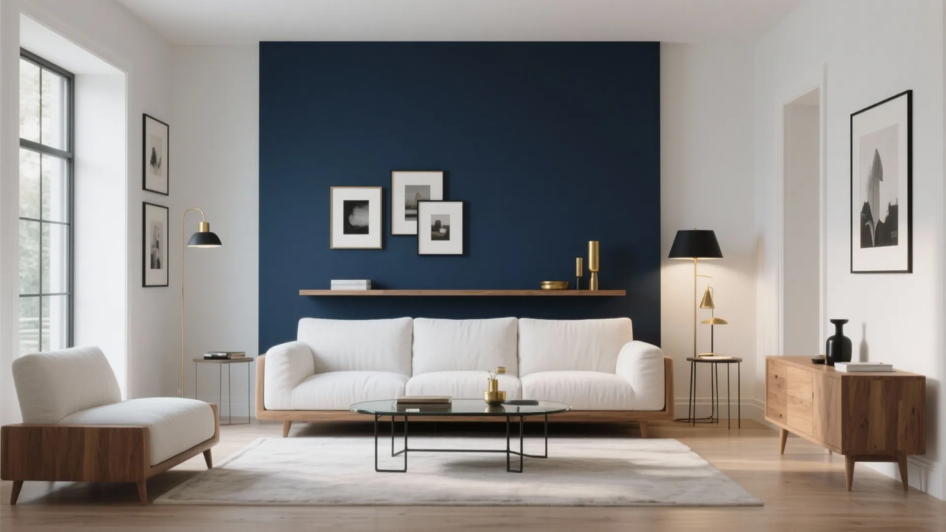 Modern living room with blue accent wall white sofa wooden cabinet and black floor lamp