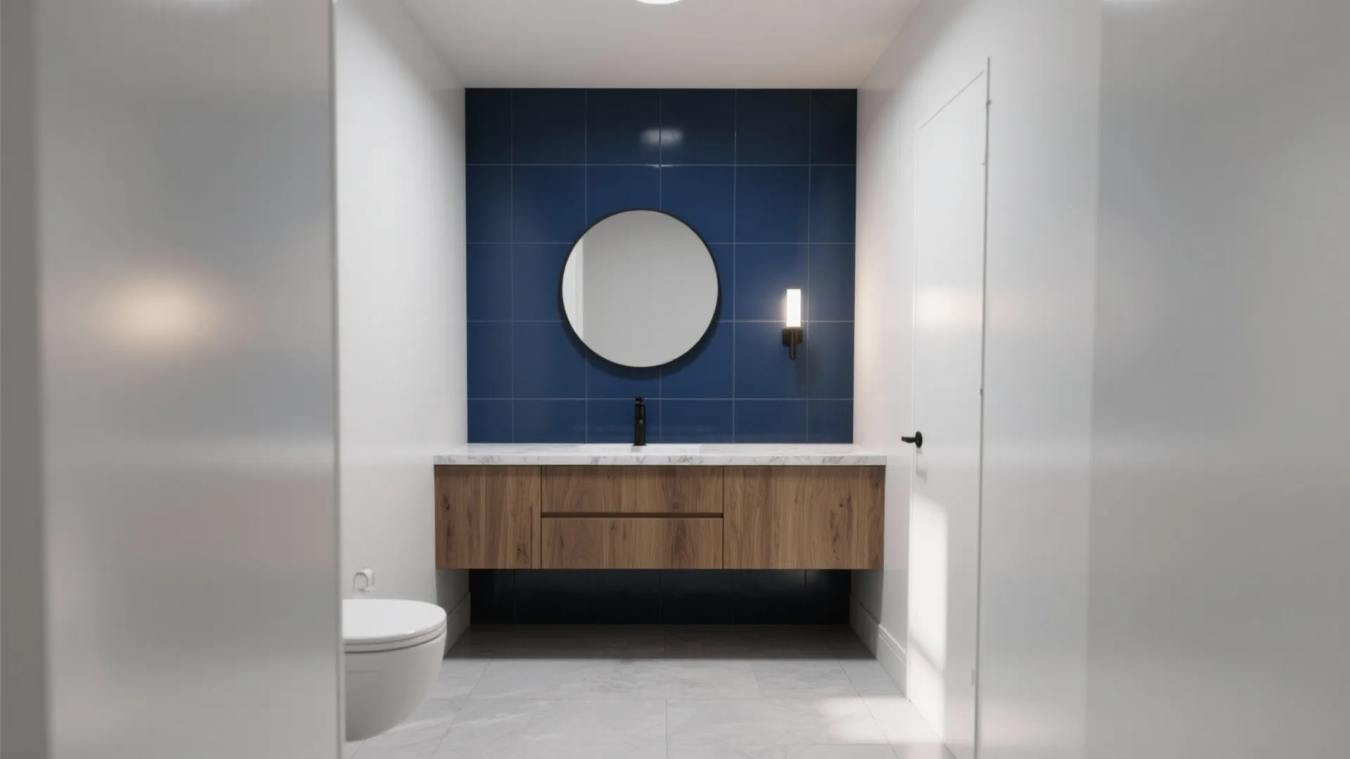 Small bath with a deep navy matte feature wall behind a wood vanity.