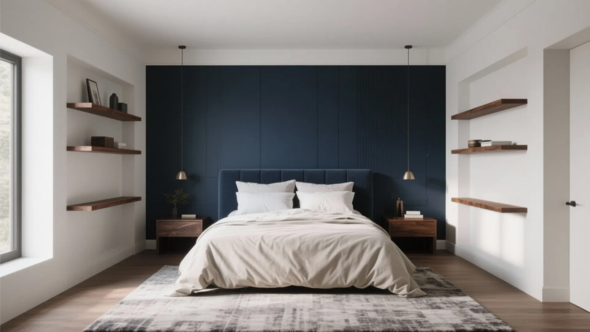 Minimalist bedroom featuring navy blue accent wall white side walls wooden shelves and grey rug