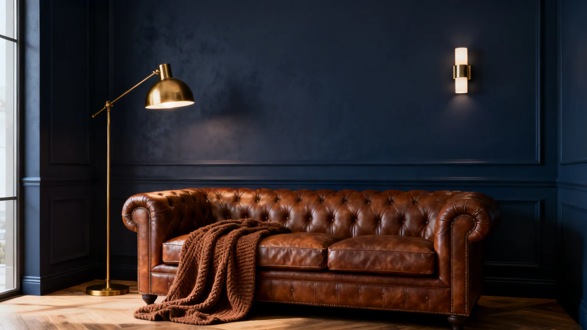 Seating corner with deep navy wall, brown leather sofa and layered brass lighting