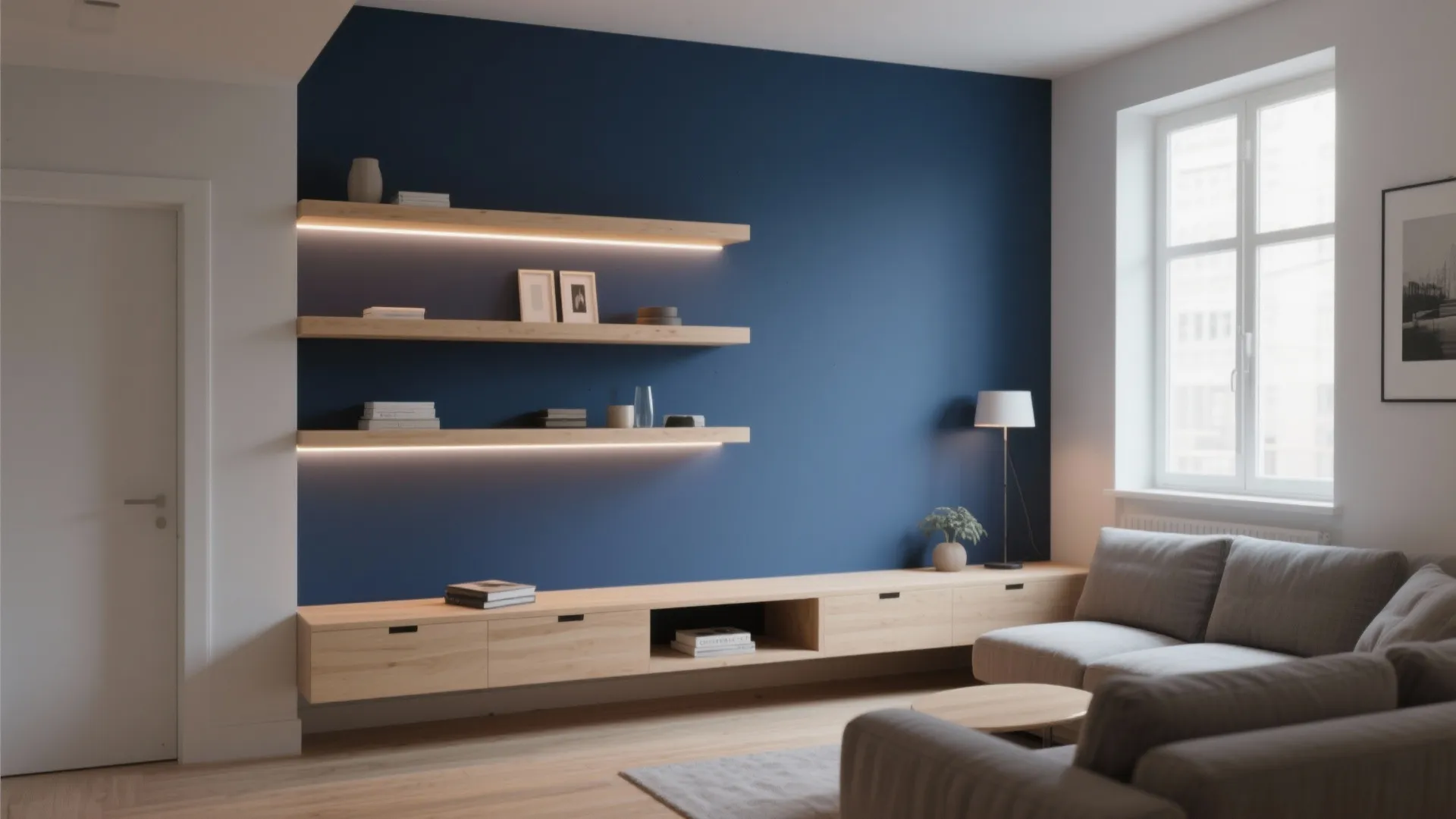 Living room with dark blue wall wooden floating shelves with lights and a long cabinet