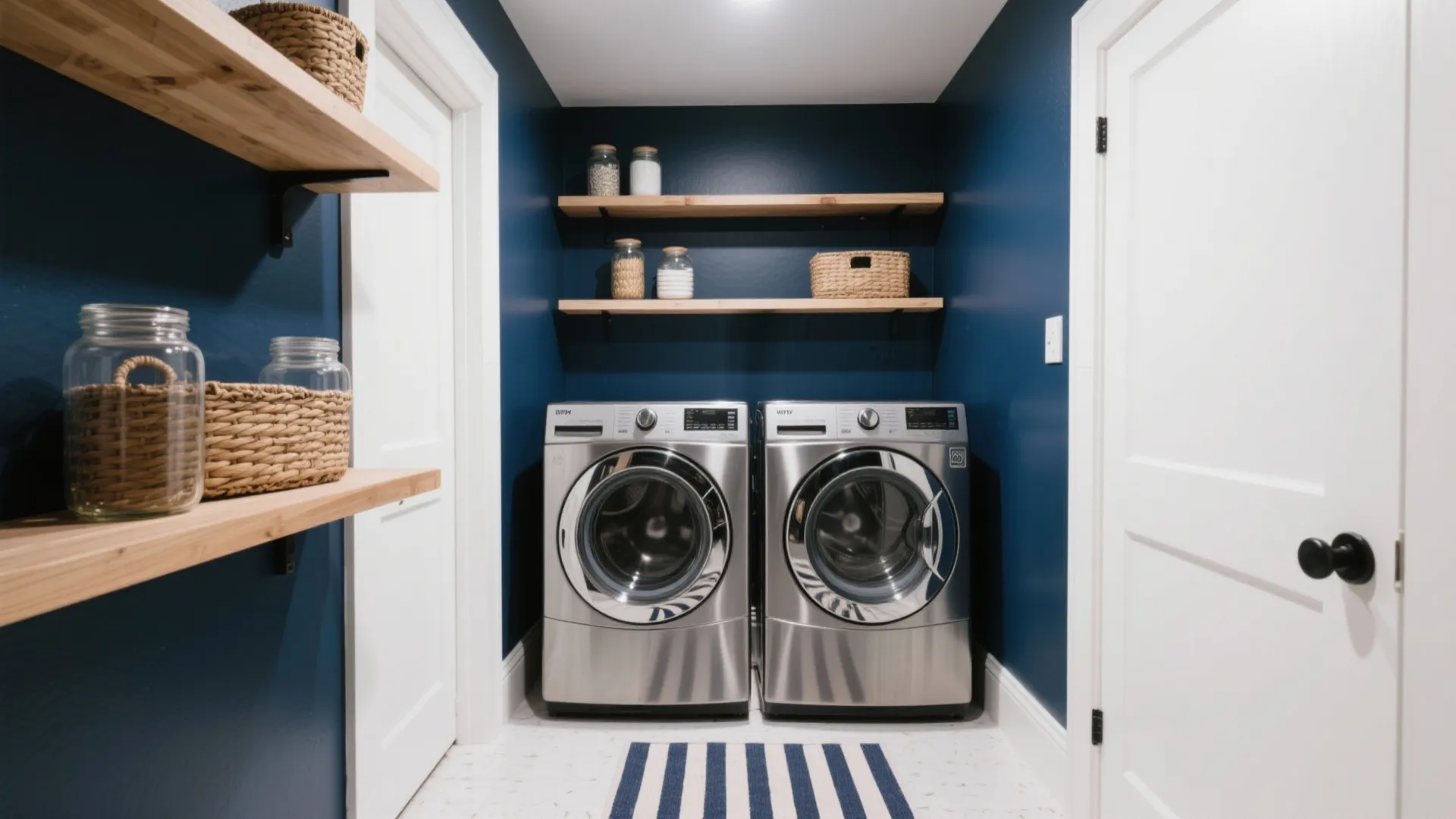 Navy accent wall behind laundry machines with light oak floating shelves and a striped runner.