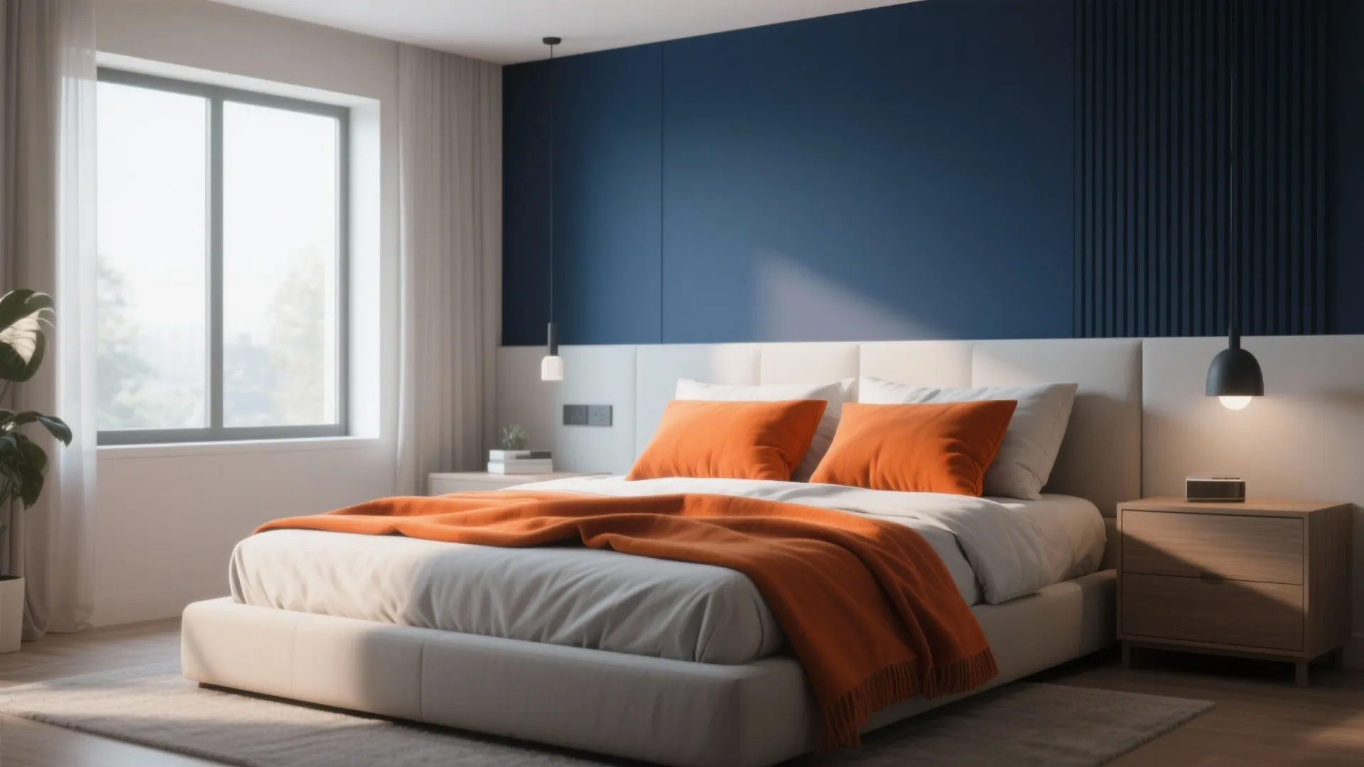 1. Deep Navy Walls with Burnt Orange Accents