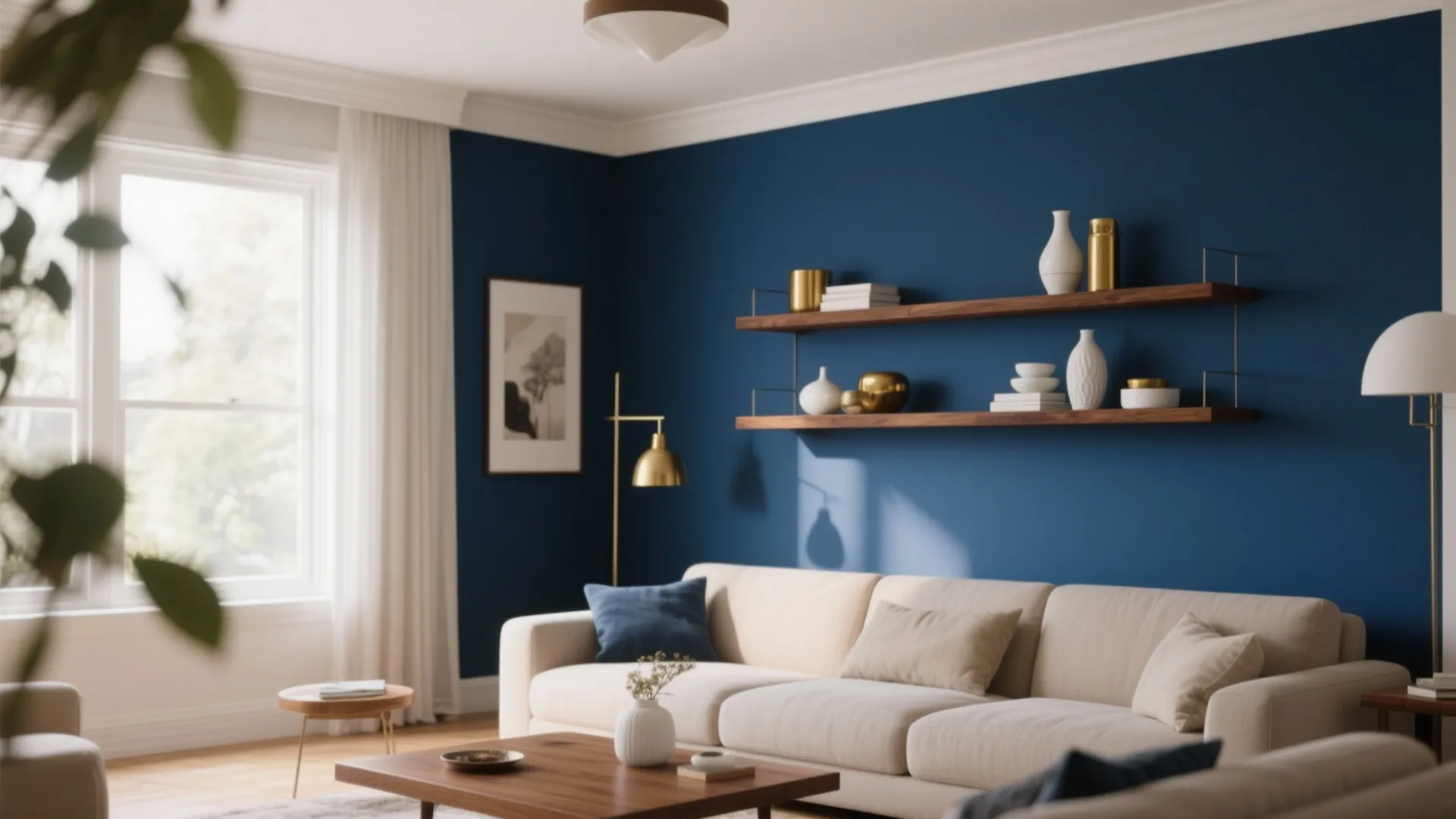 4. Navy Accent Wall with Open Brown Shelving