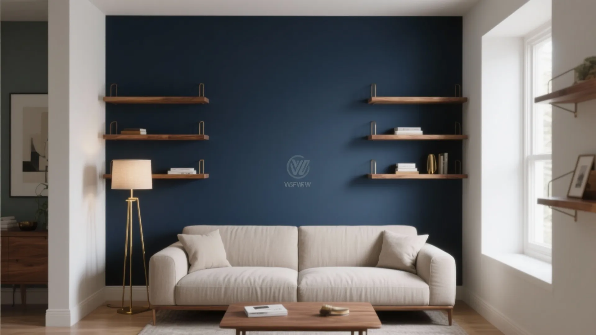 Modern living room featuring navy blue accent wall with wooden shelves beige sofa and gold lamp
