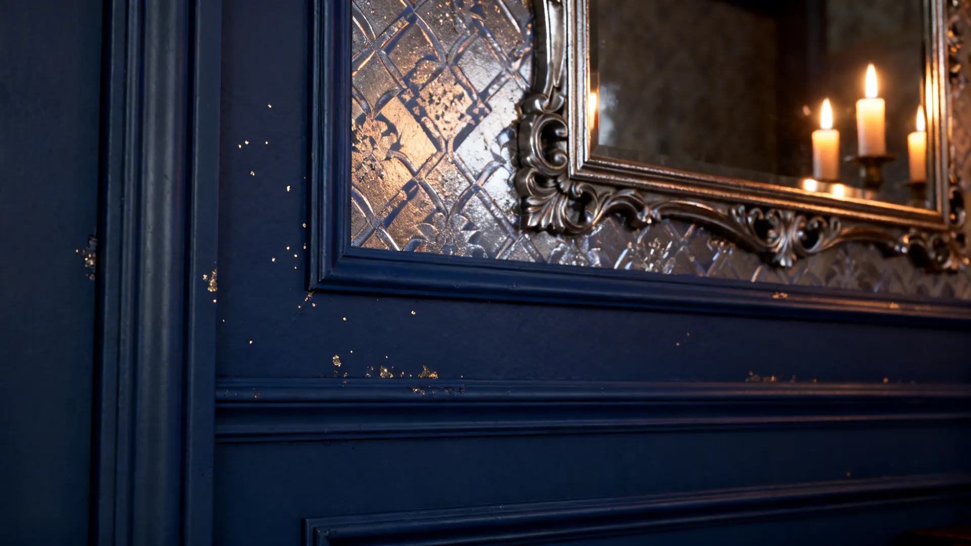 Close-up of navy wall next to a metallic-patterned wallpaper panel reflecting candlelight