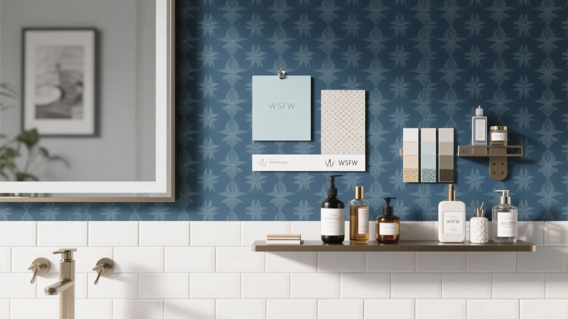 5. Patterned navy wallpaper paired with white tiles