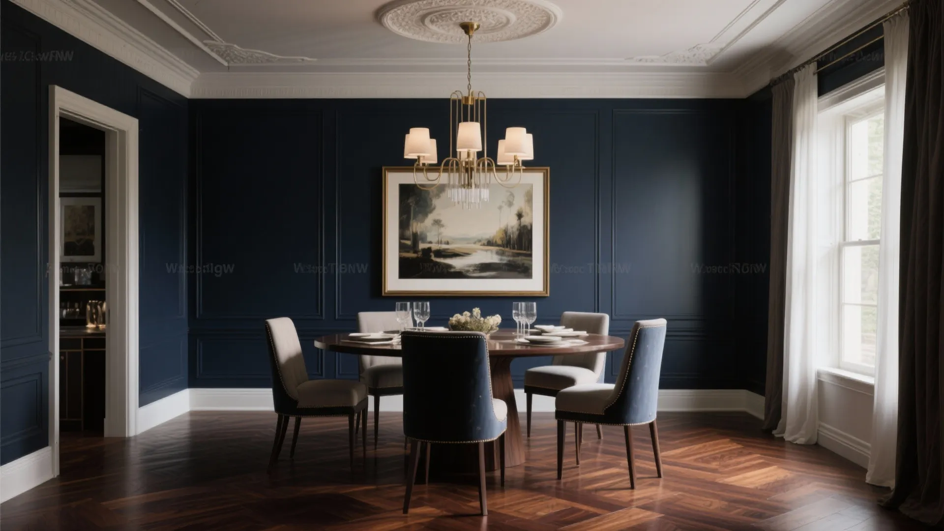 Navy blue dining room with wall panels wooden table gold ceiling light and a large window