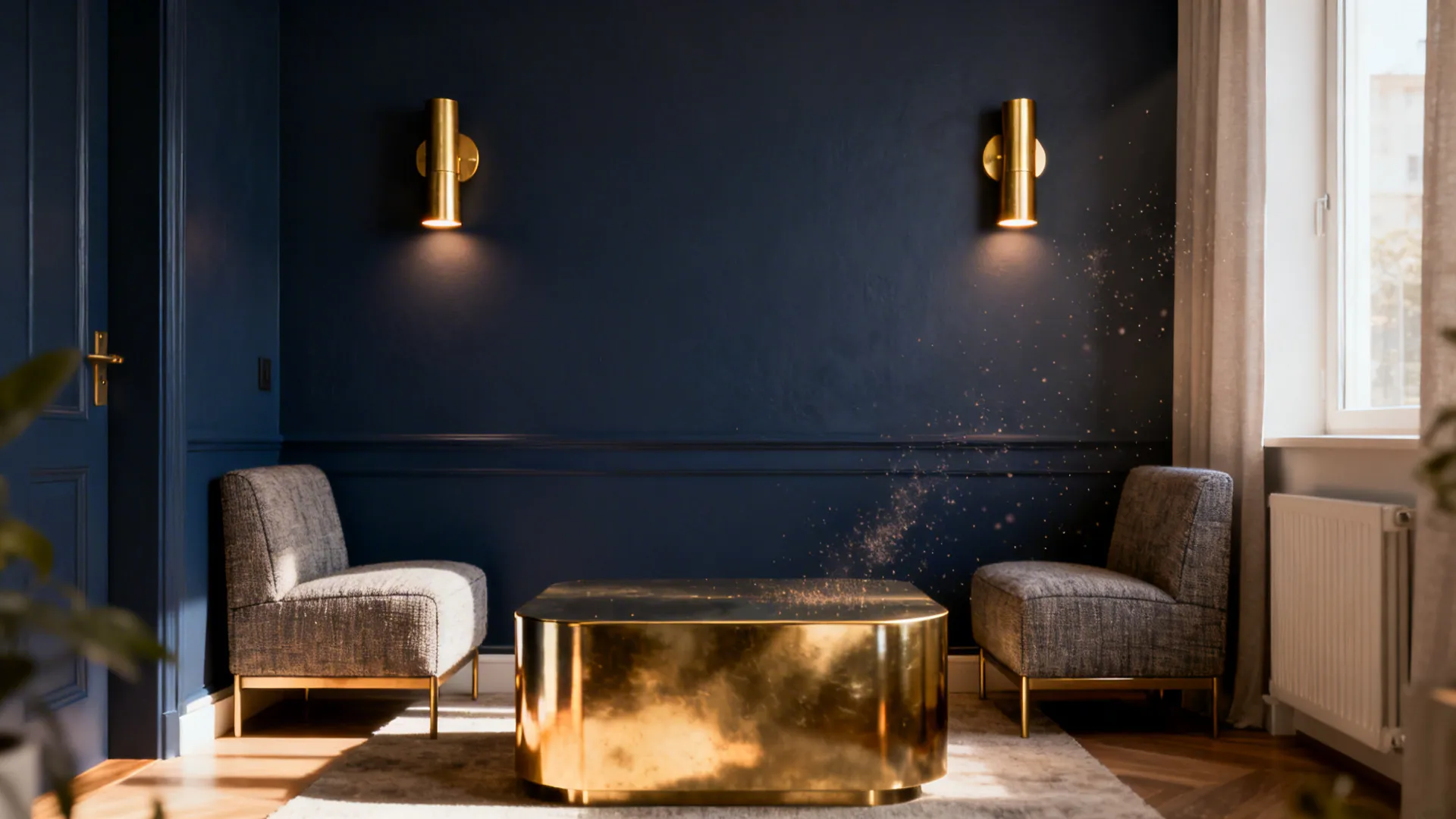 1. Deep Navy Walls with Brushed Gold Accents