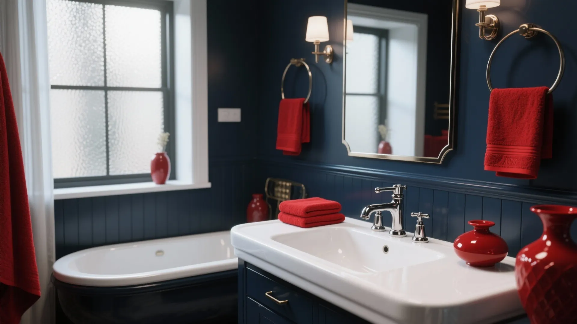 Navy blue bathroom with white sink bathtub and many bright red towels and small vases