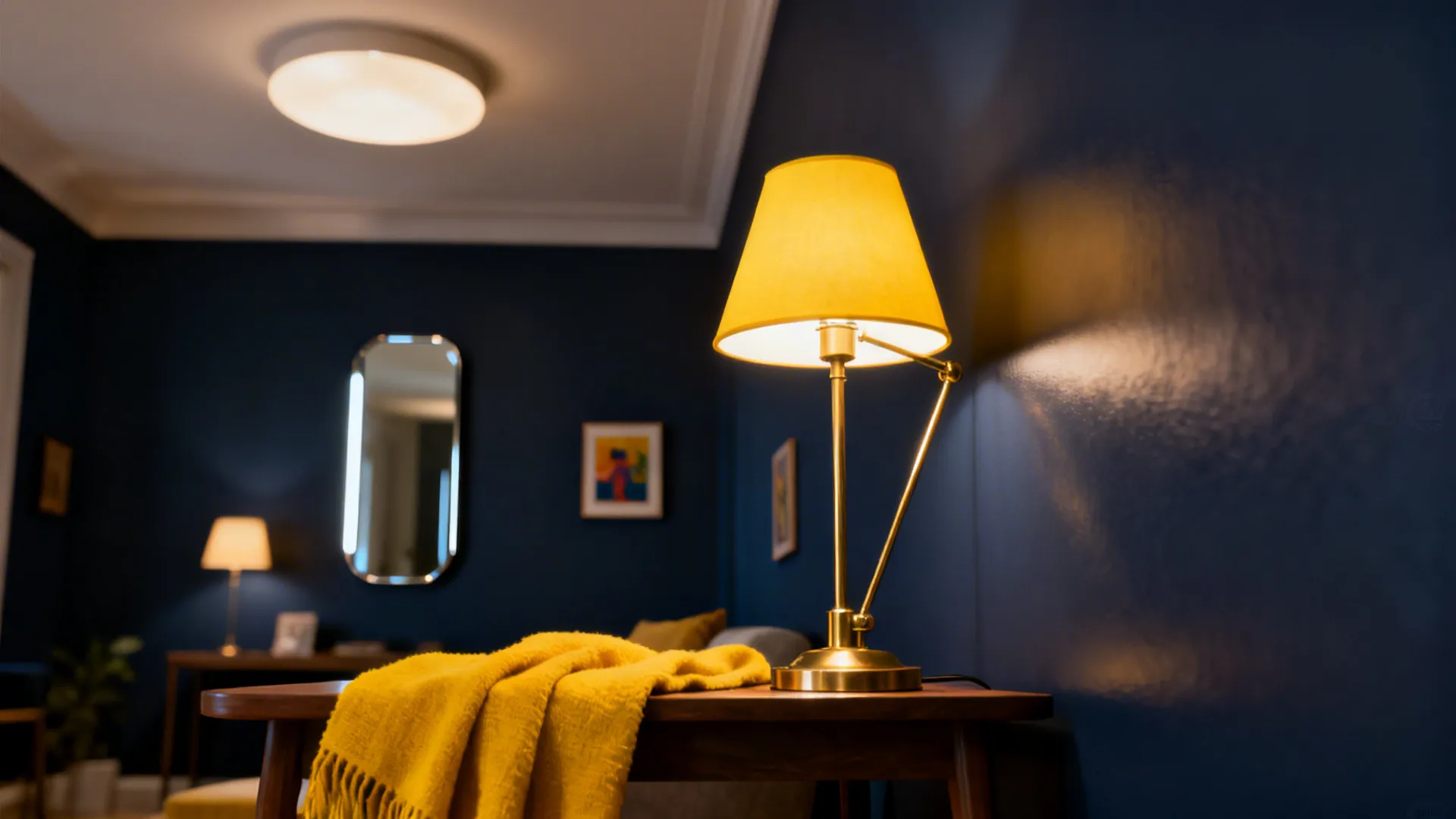 Living room with navy walls and yellow lamps, throws, and reflective mirror adding warmth