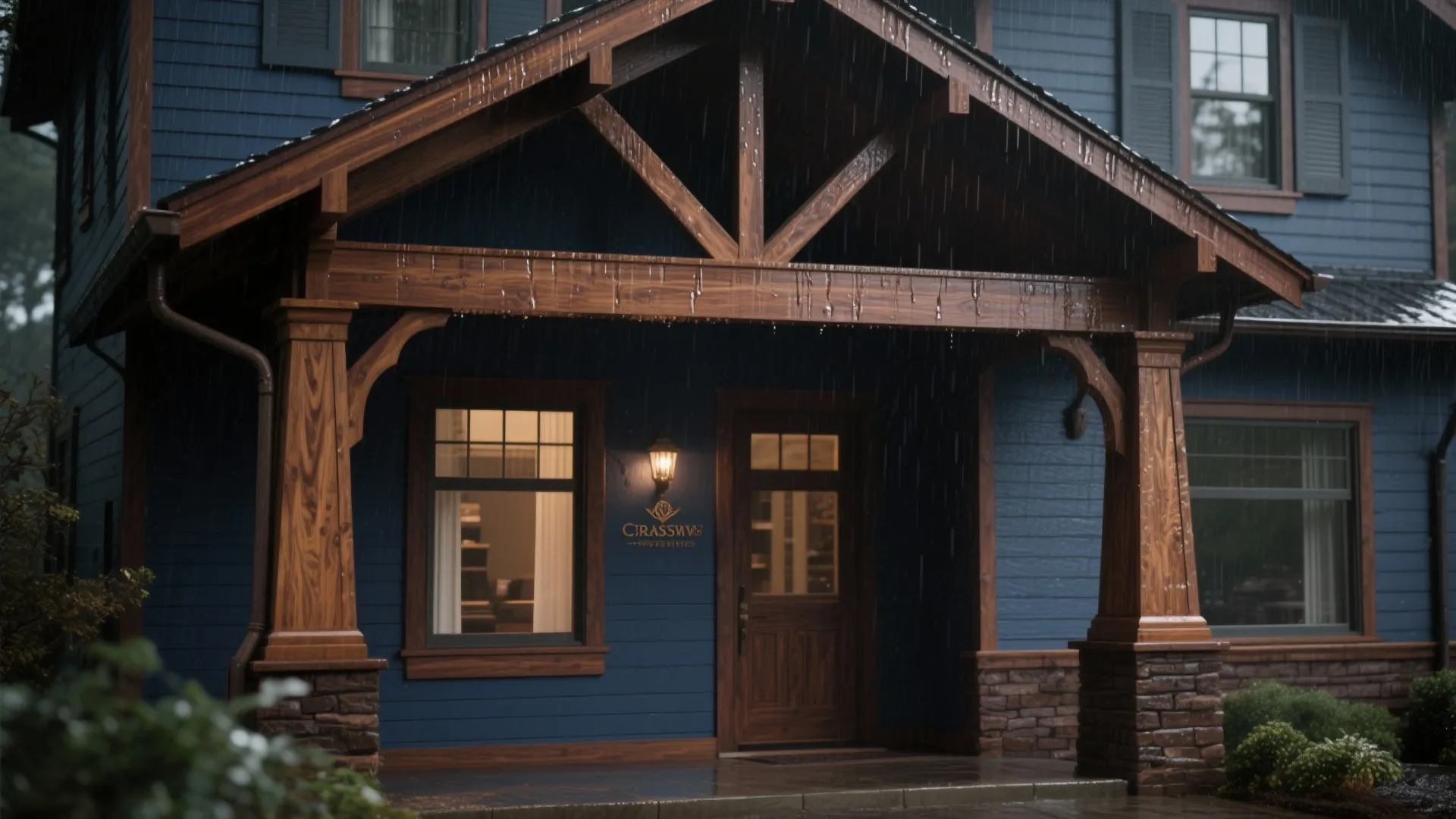 Blue house entrance with dark wood porch frame under rain featuring glass door and windows