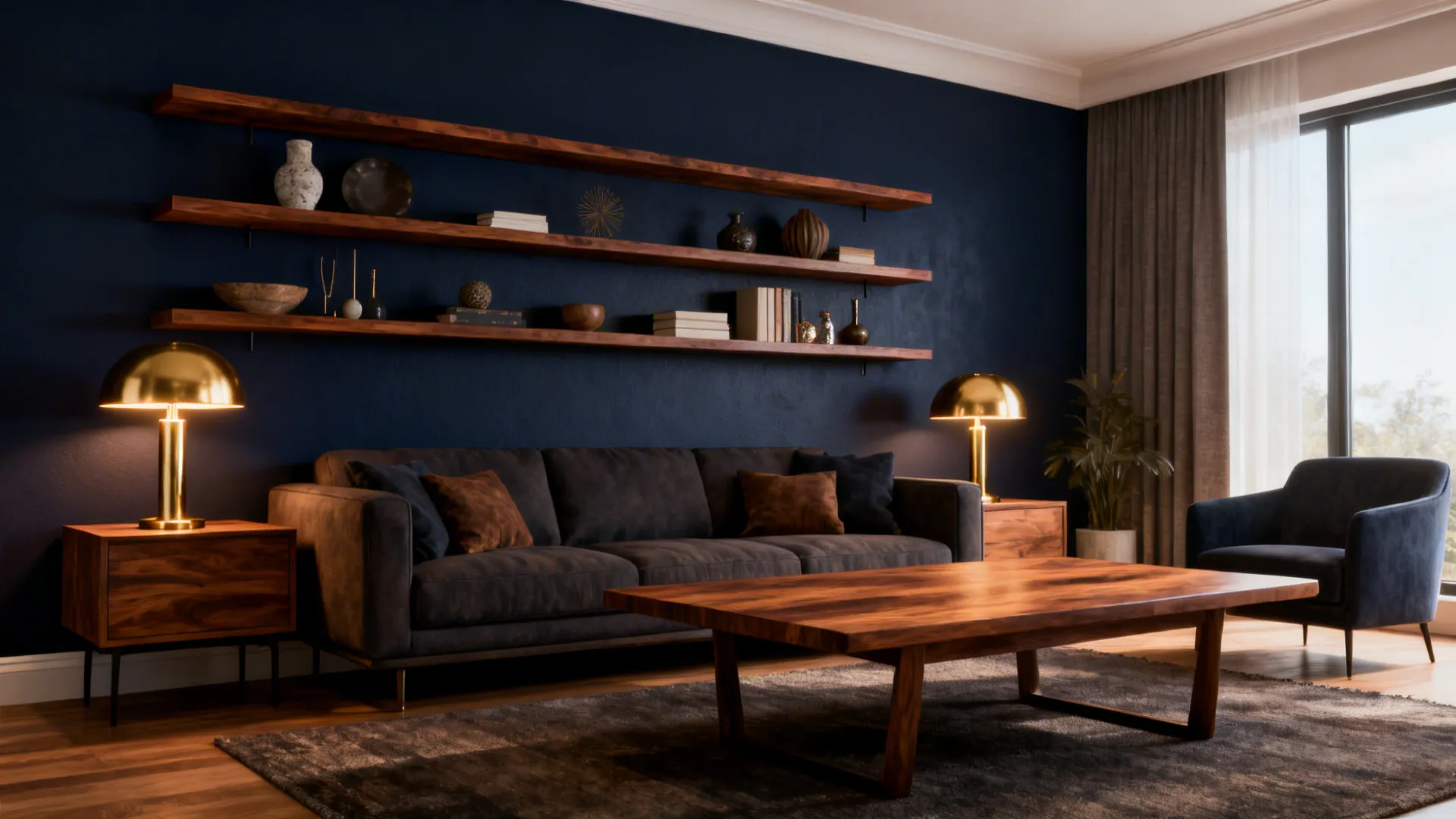 Living room with deep navy feature wall and walnut furniture accented by brass lamps