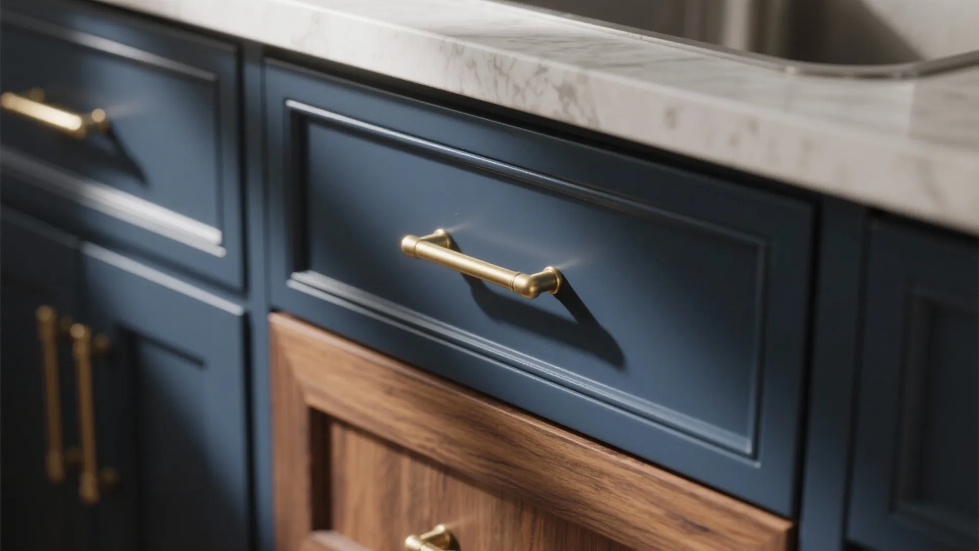 1. Deep Navy Cabinets + Warm Walnut Countertops