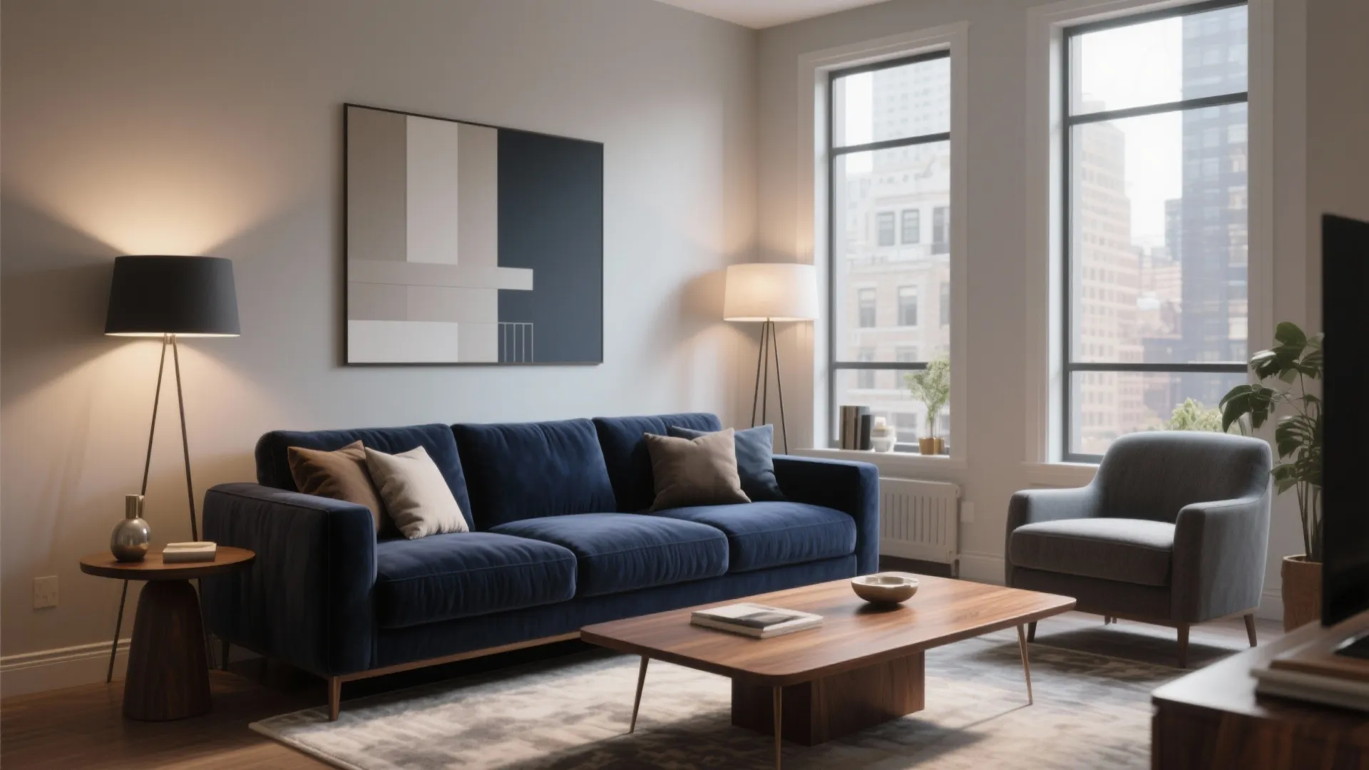Modern living room with dark blue sofa walnut coffee table floor lamp and large wall art