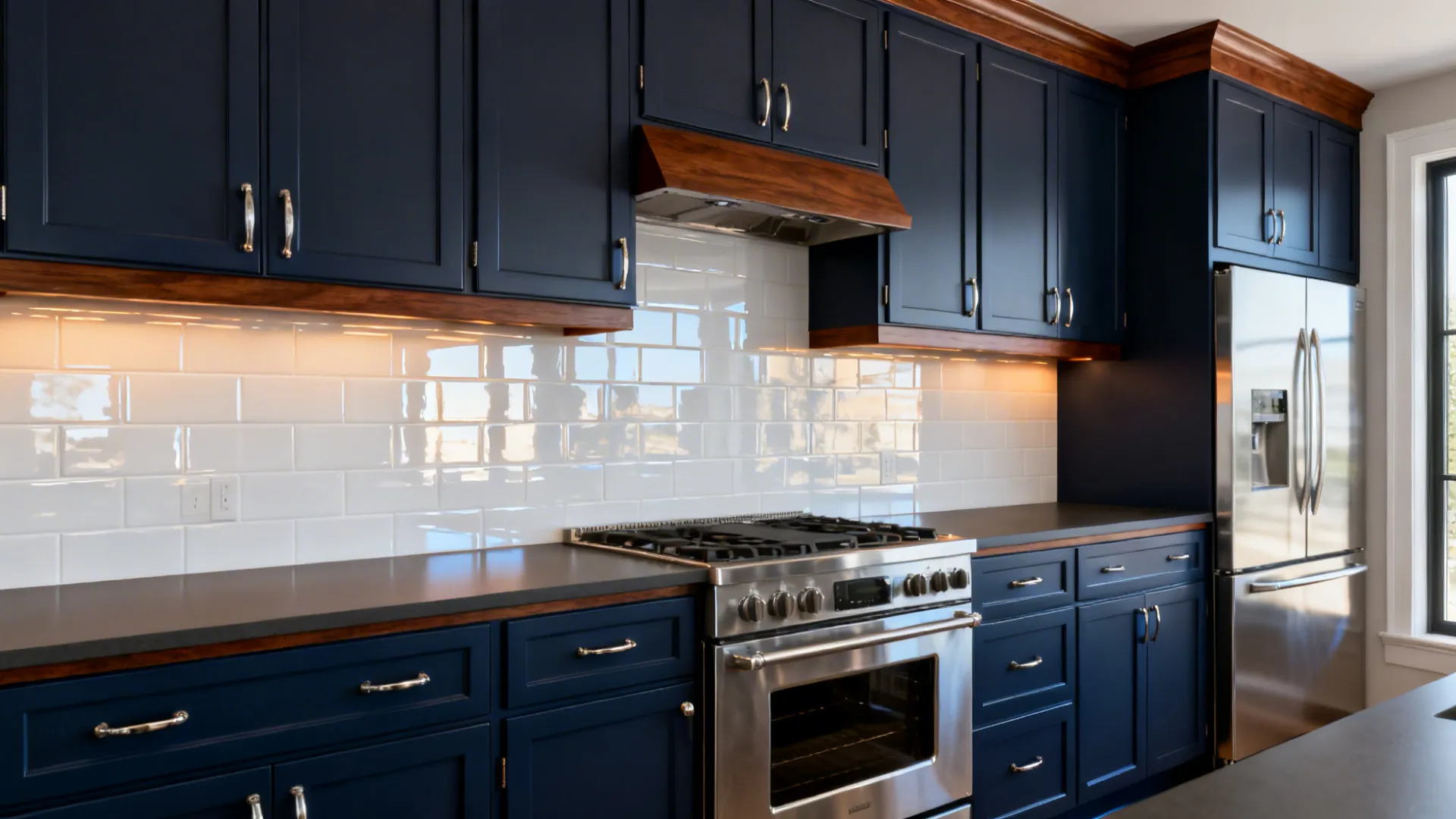 Narrow U-shaped kitchen with navy cabinets, walnut details, satin nickel, and glossy white tile.
