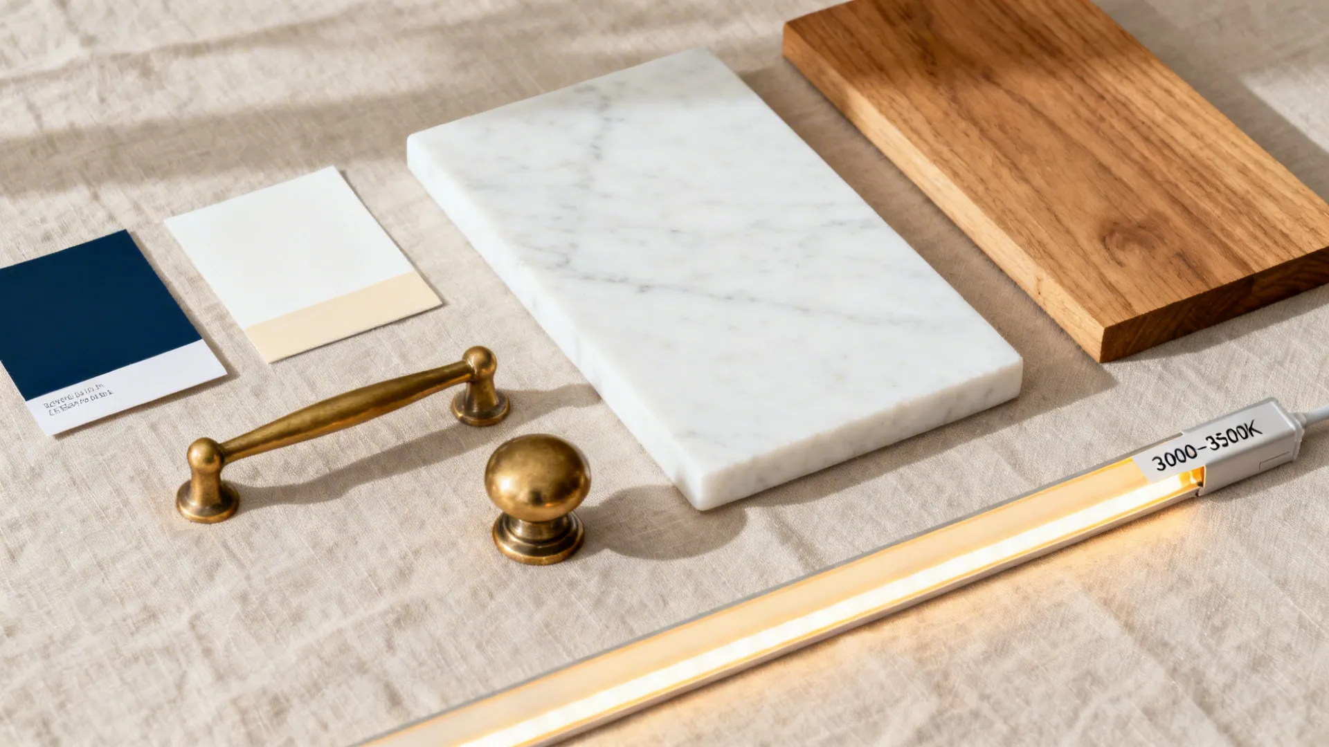 Material flat lay with navy paint, warm white, quartz, oak, and unlacquered brass hardware.