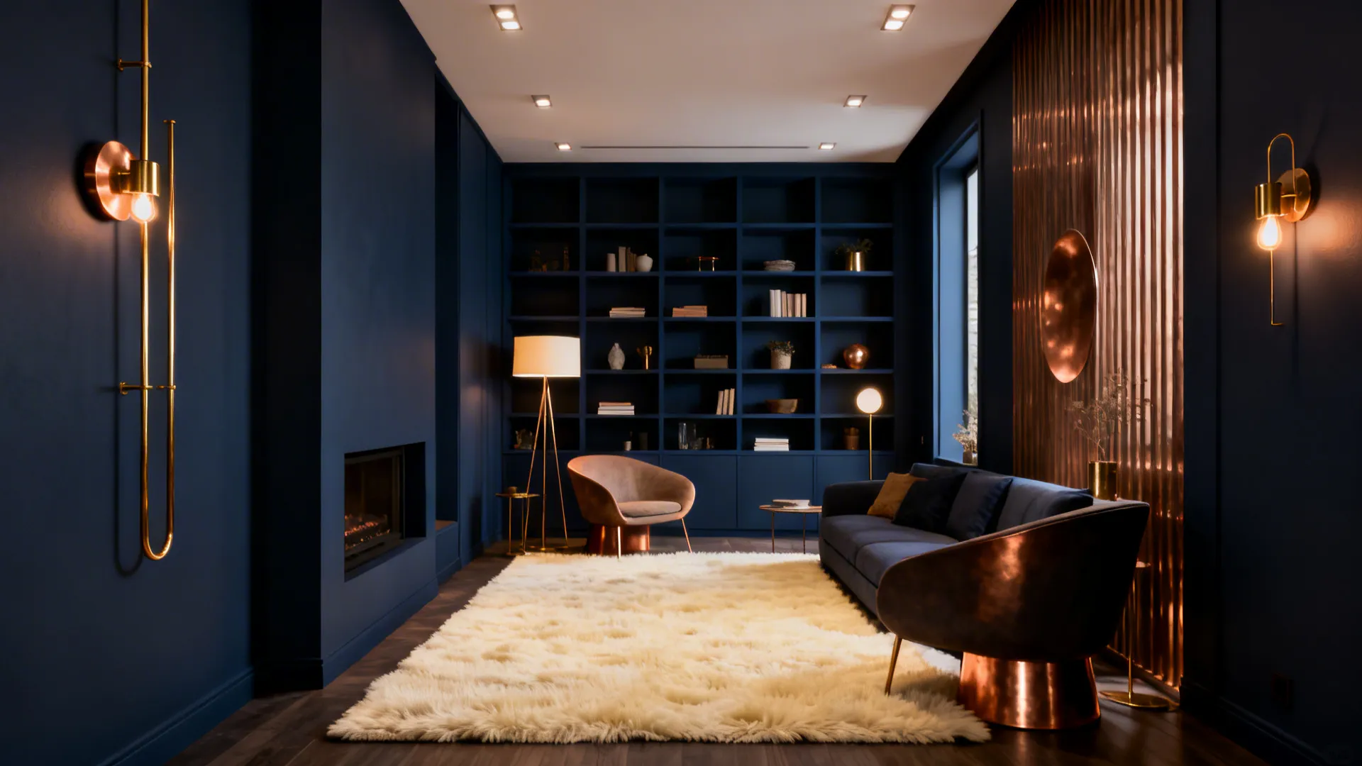 Narrow living room with moody navy built-in shelving and warm brass accents with a light rug.