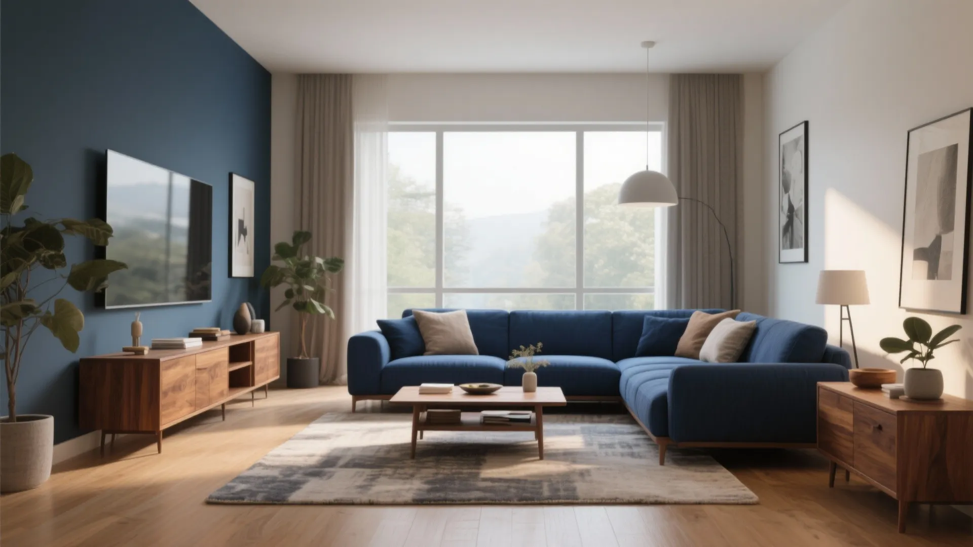 8. Navy Couch with Warm Wood Elements