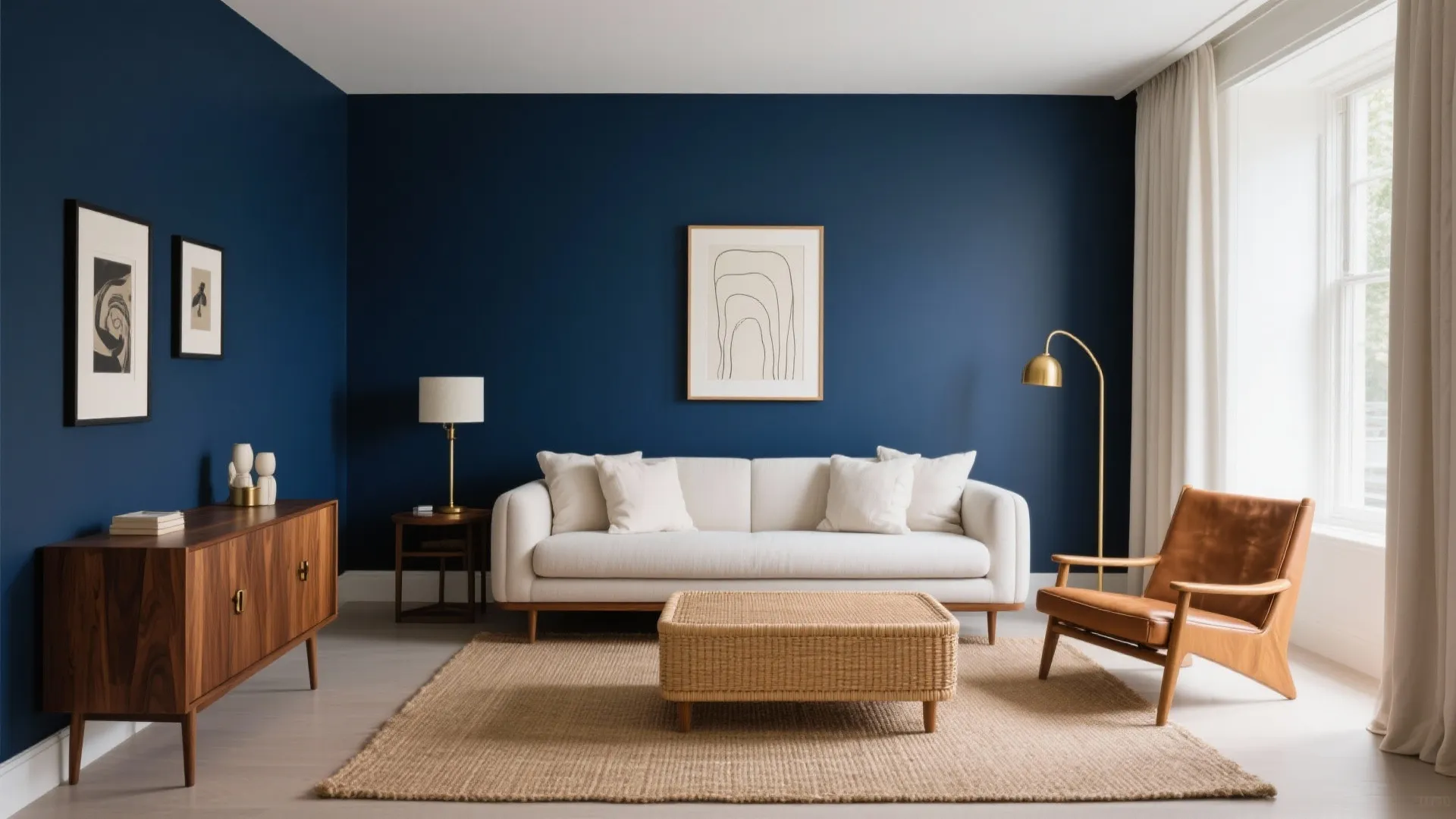 Navy Accent Walls with Warm Wood
