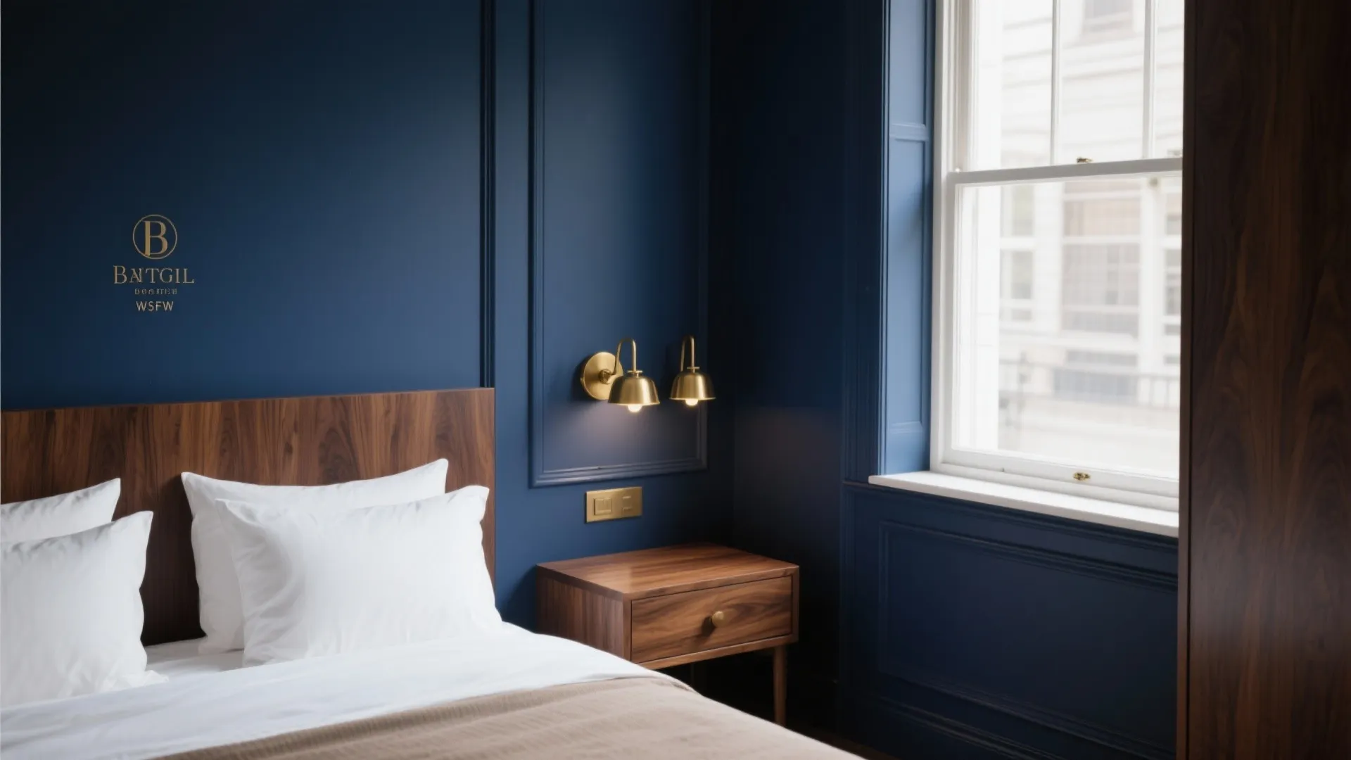 Small bedroom with deep navy walls and walnut furniture in warm light